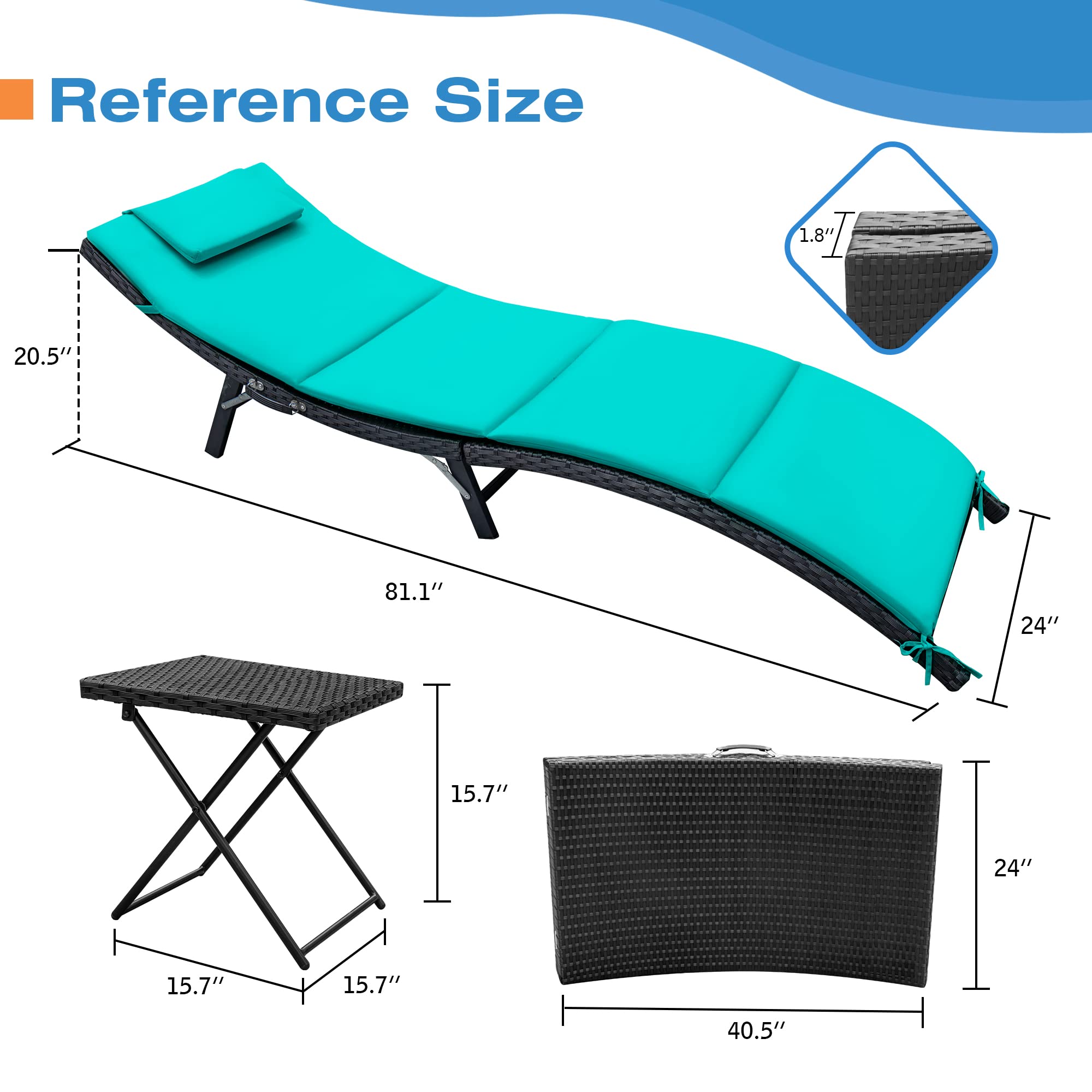 Homall 3-Piece Outdoor Patio Chaise Lounge Chair Set - PE Rattan Reclining Pool & Beach Chairs with Folding Table & Cushion (Blue) - Perfect for Backyard, Garden, Poolside & Beach Relaxation