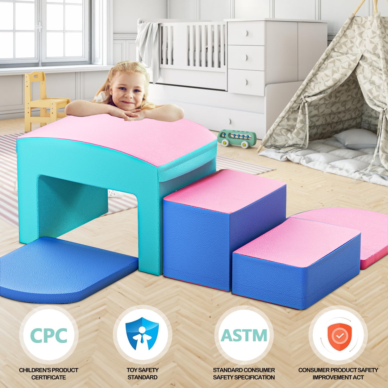 SURPCOS 6-Piece Soft Foam Climbing Set for Toddlers 1-3 Years - Indoor Play Gym with Slide, Stairs & Ramp - Safe Crawl & Climb Activity Toys for Kids (Pink) | Perfect for Home Playrooms, Daycare Centers & Preschool Motor Skill Development