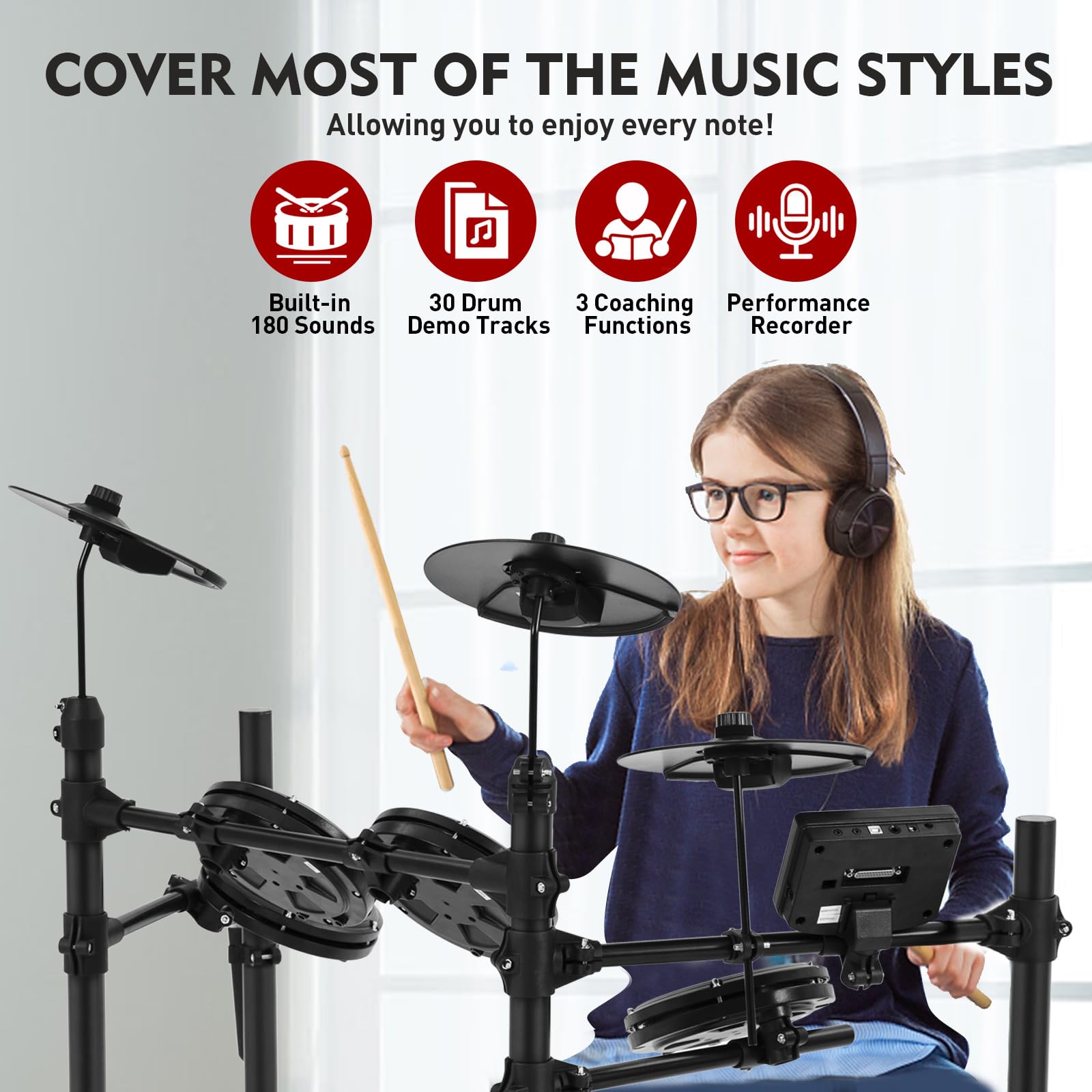 MUSTAR 10-Piece Electronic Drum Set with 450 Sounds, Mesh Drum Pads, 2 Choke Cymbals, Kick Drum, Pedals, Headphones & Sticks - USB MIDI Compatible for Home Practice, Studio Recording & Live Performances