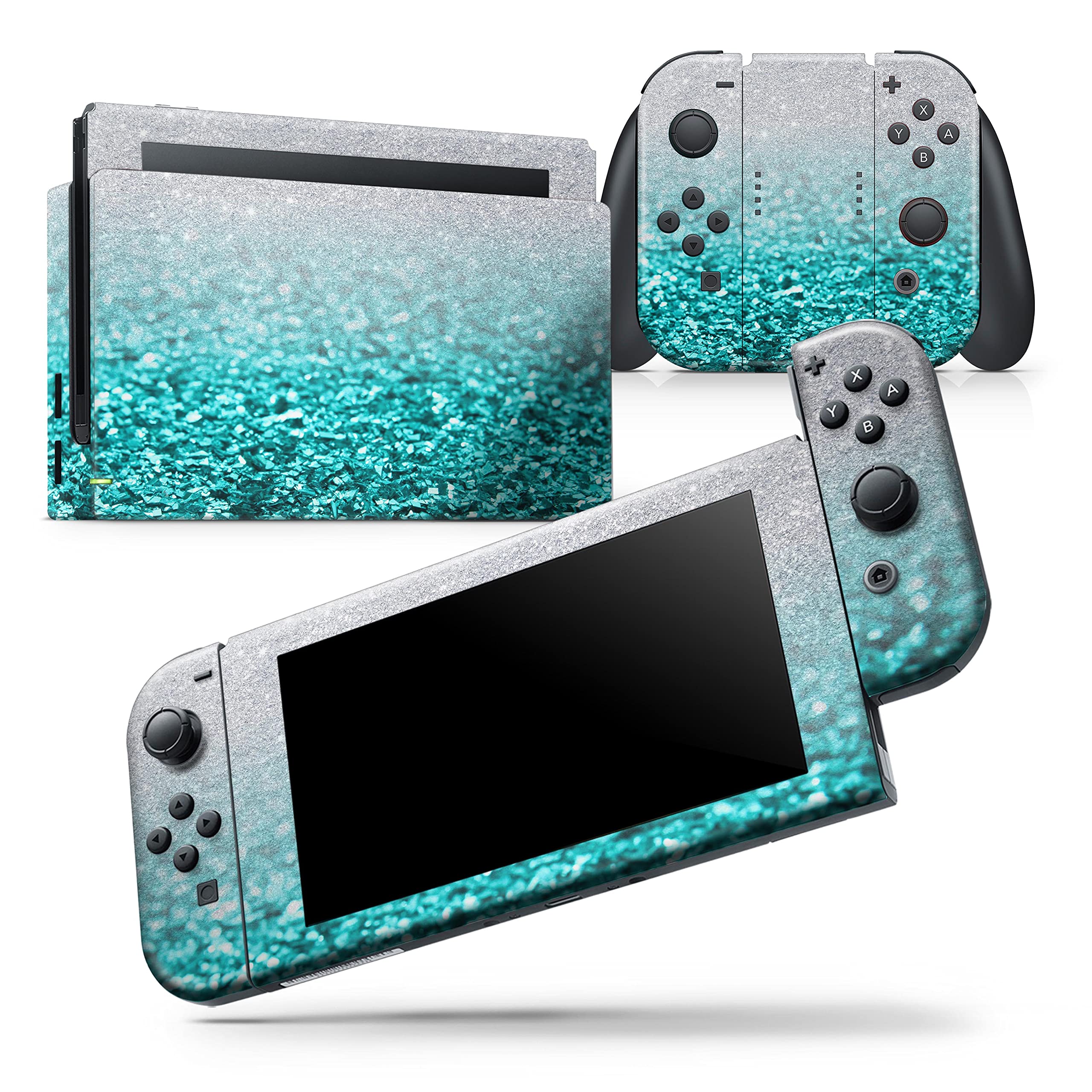 Nintendo Switch OLED Dock Skin Decal - Scratch-Resistant Removable Vinyl Wrap Cover in Aqua Blue & Silver Glimmer Fade - Protective Cover for Gaming Setup & Console Customization