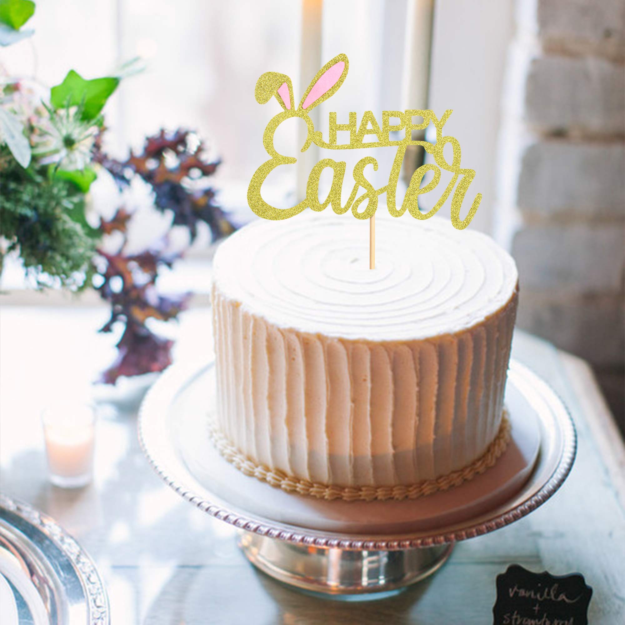 Happy Easter Cake Topper - 1 Pack Bunny Ear Gold Glitter Cake Picks for Easter Theme Party Decorations | Perfect for Easter Cakes, Cupcakes, Desserts & Holiday Celebrations