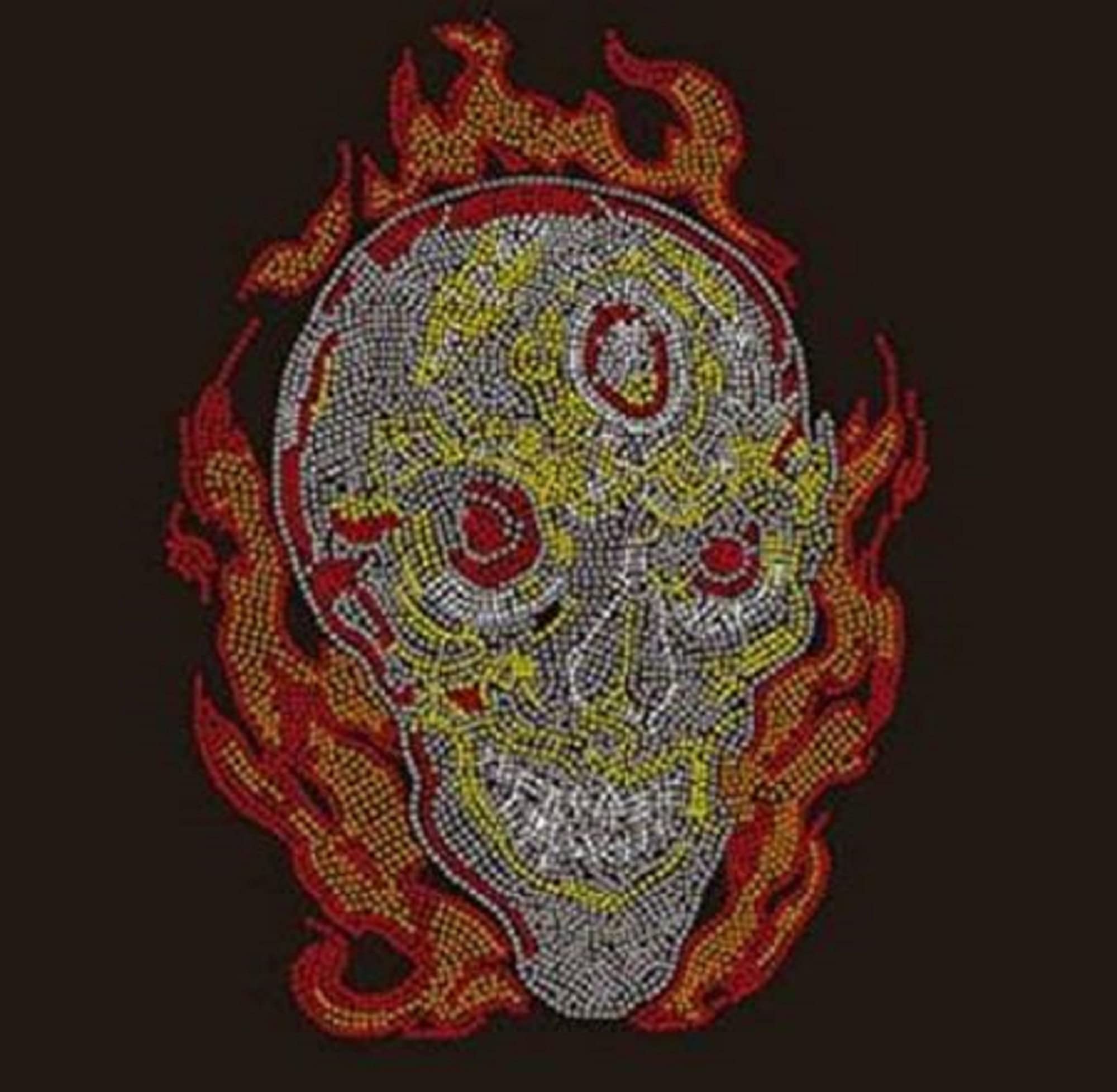 Skull on Fire Rhinestone Iron-On Transfer Patch - Gothic Punk DIY Clothing Decoration for Jackets, Hats, Bags & Accessories