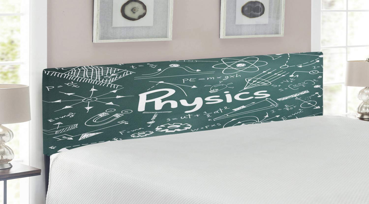 Ambesonne Science Themed King Size Headboard - Physics & Math Formulas on Upholstered Metal Bed Frame with Memory Foam in Army Green & White | Perfect for Science Lovers' Bedroom Decor