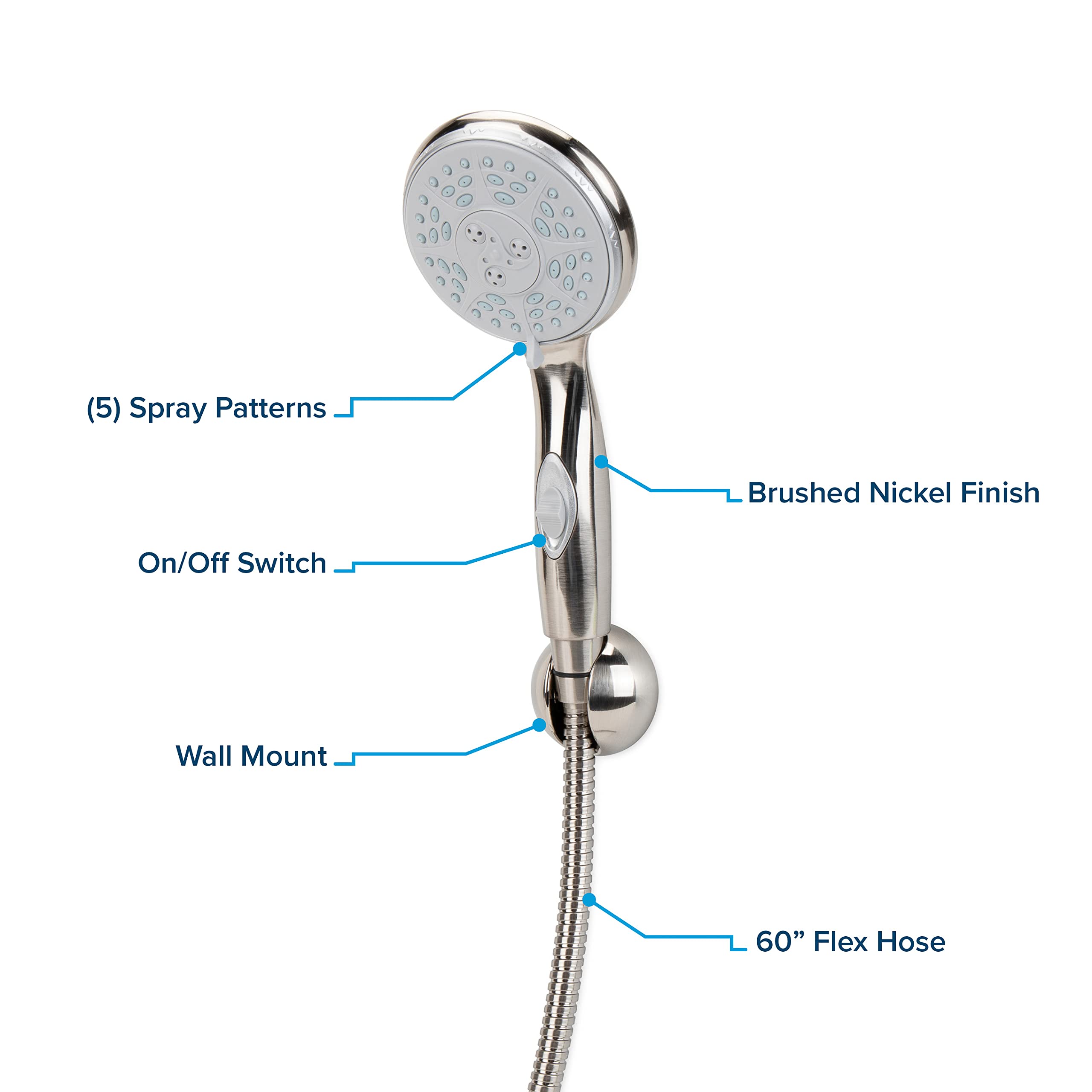 Camco Complete RV/Marine Shower Head Kit with On/Off Switch - 5 Adjustable Spray Patterns, Brushed Nickel Finish (43747) | Water Saving Shower for RV, Boat & Tiny Homes
