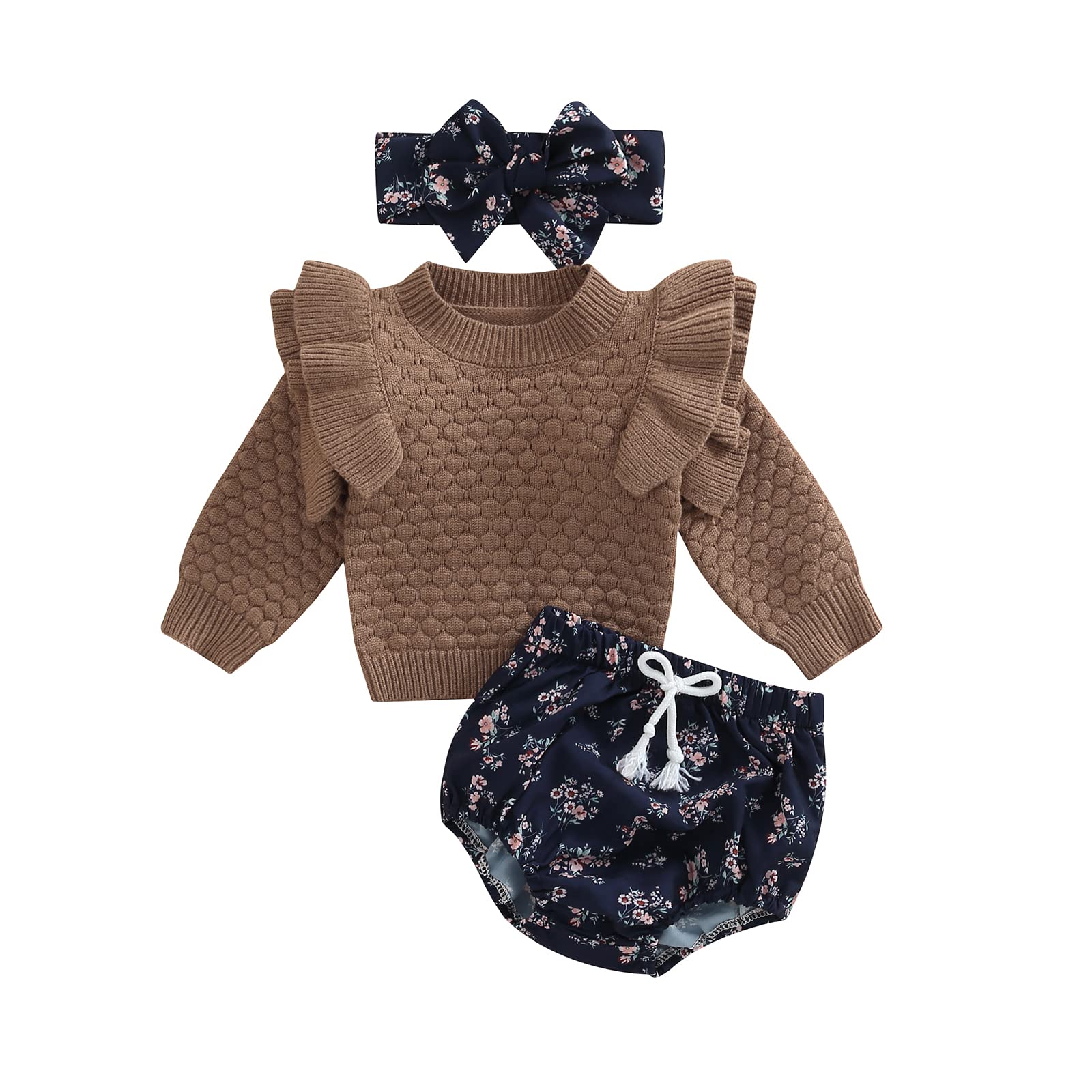Newborn Baby Girl Fall Winter Clothes Set - Ruffle Sweater & Floral Shorts with Headband (3Pcs) | Thanksgiving Outfit for Holiday Photos & Family Gatherings