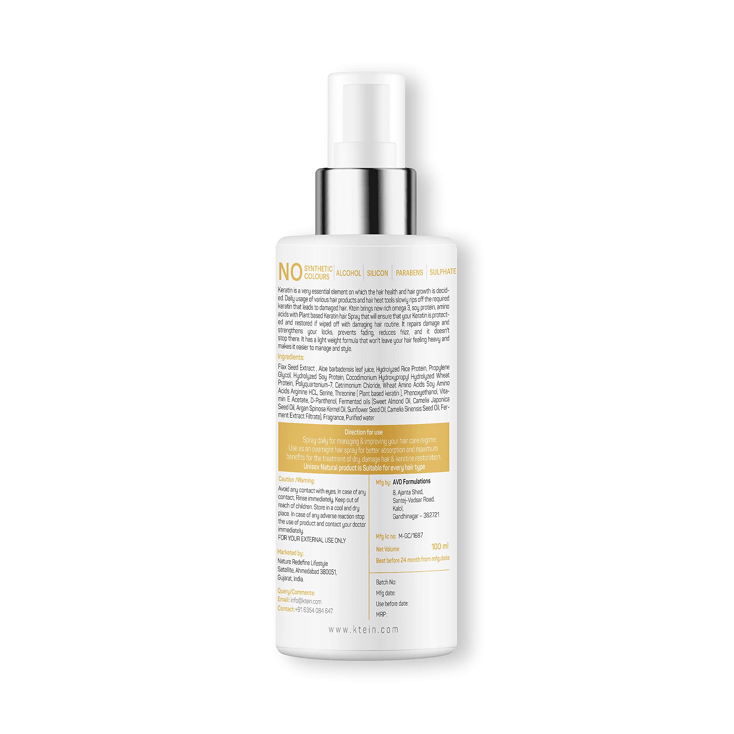 Ktein Natural Keratin Hair Spray 100ml - Sulfate Free & Heat Protectant for Damaged Hair - Perfect for Daily Styling, Frizz Control & Hair Repair