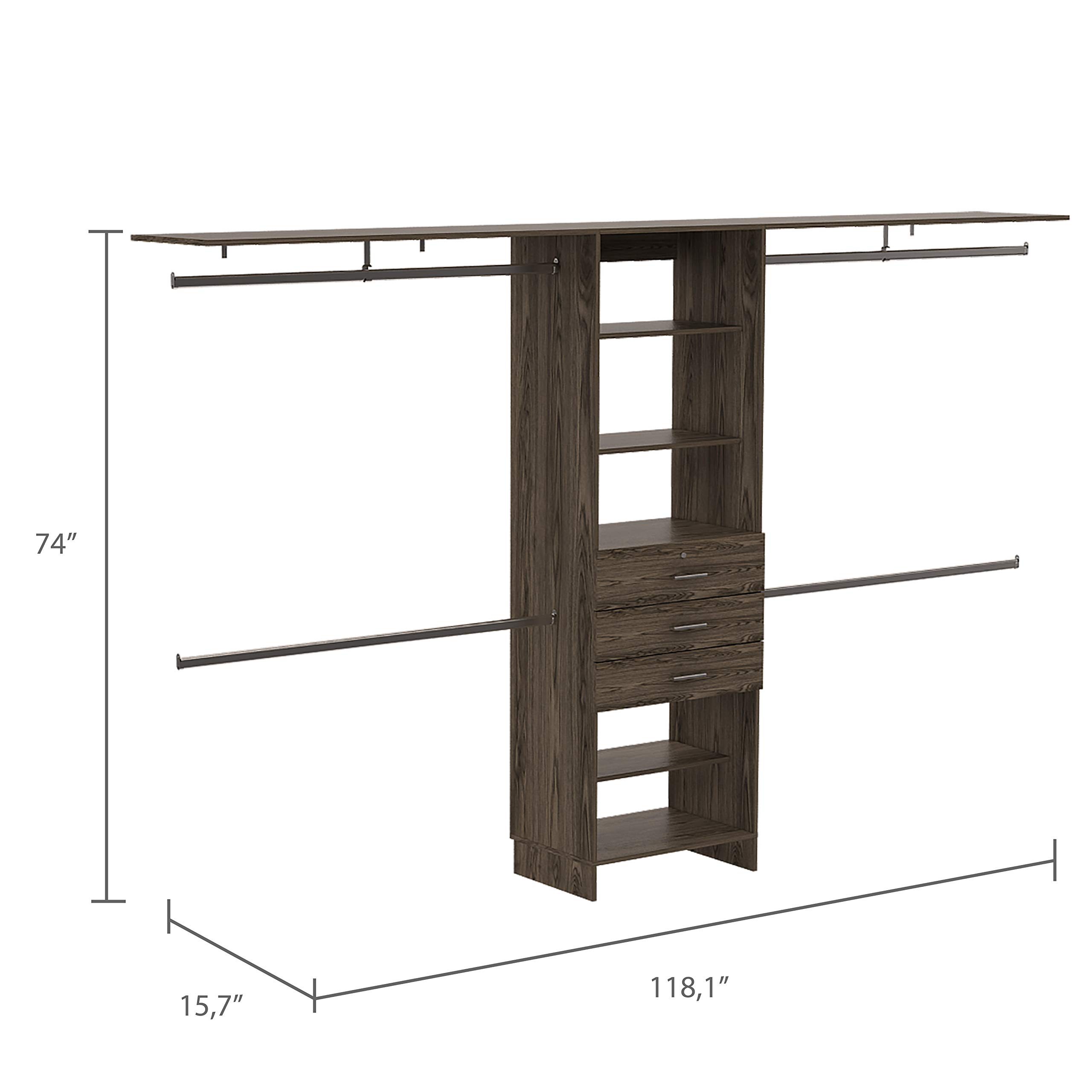 Zamora 69-118 Inch Walk-In Closet Organizer System with 4 Hanging Rods, 3 Drawers & 5 Shelves - Dark Walnut Finish for Bedroom Storage & Wardrobe Organization