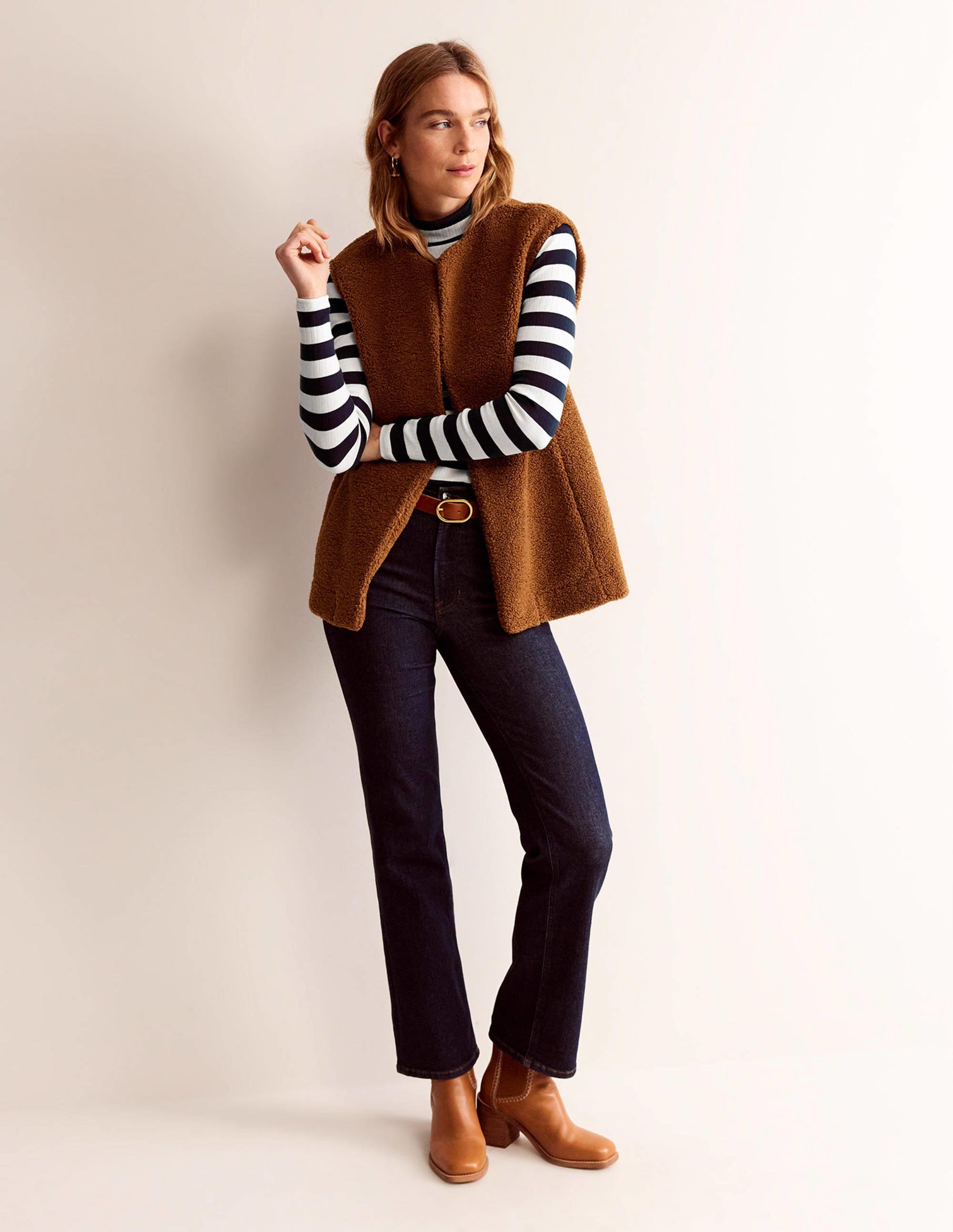 Anna Rib Roll Neck Top - Navy & Ivory - Women's Casual Knit Sweater for Fall & Winter Layering