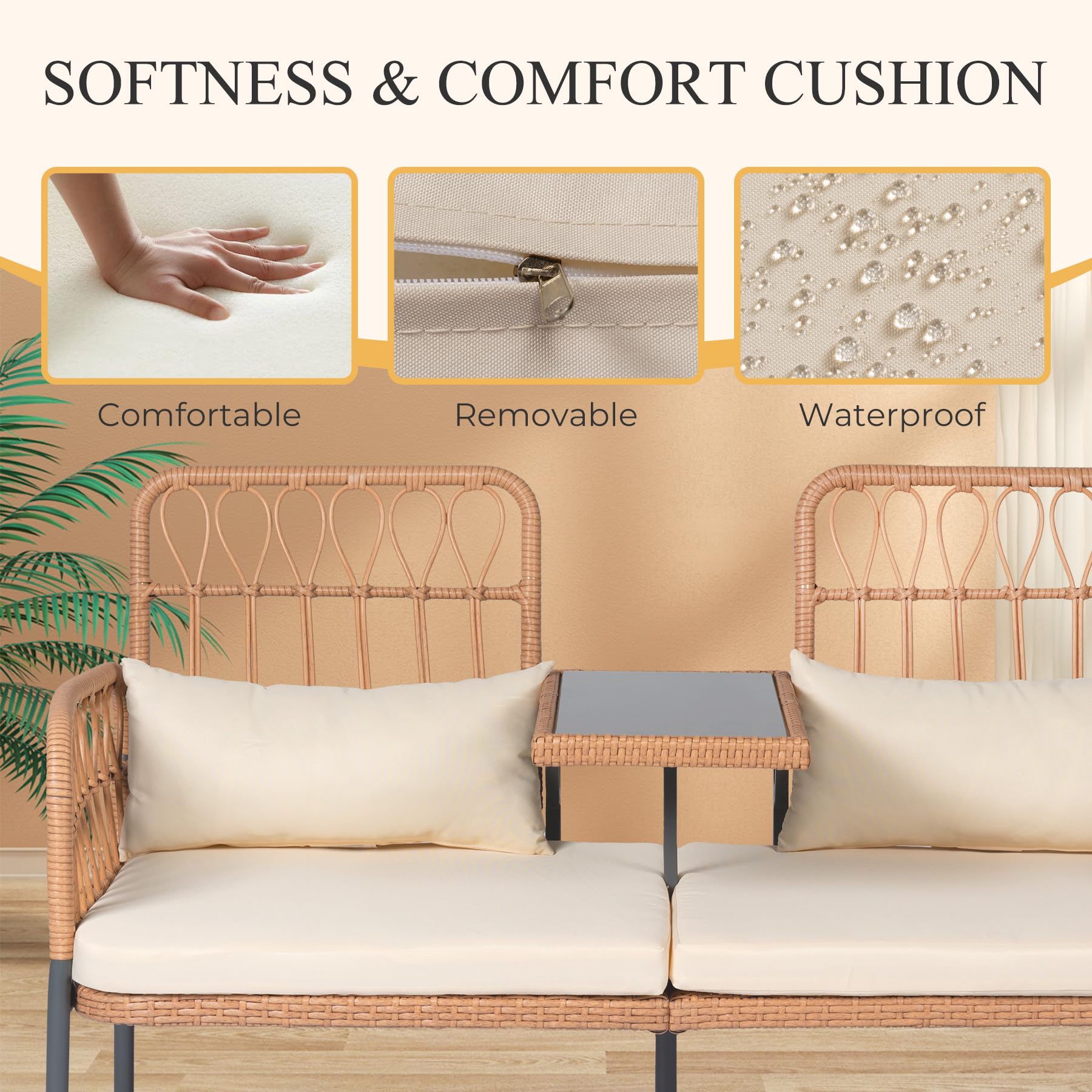 PROHIKER Outdoor Rattan Loveseat 2-Seat Sofa with Built-in Table, Lumbar Pillows & Cushions - All-Weather Wicker Patio Furniture for Porch, Balcony, Garden, Lawn, Backyard - Perfect for Relaxing, Entertaining & Outdoor Lounging