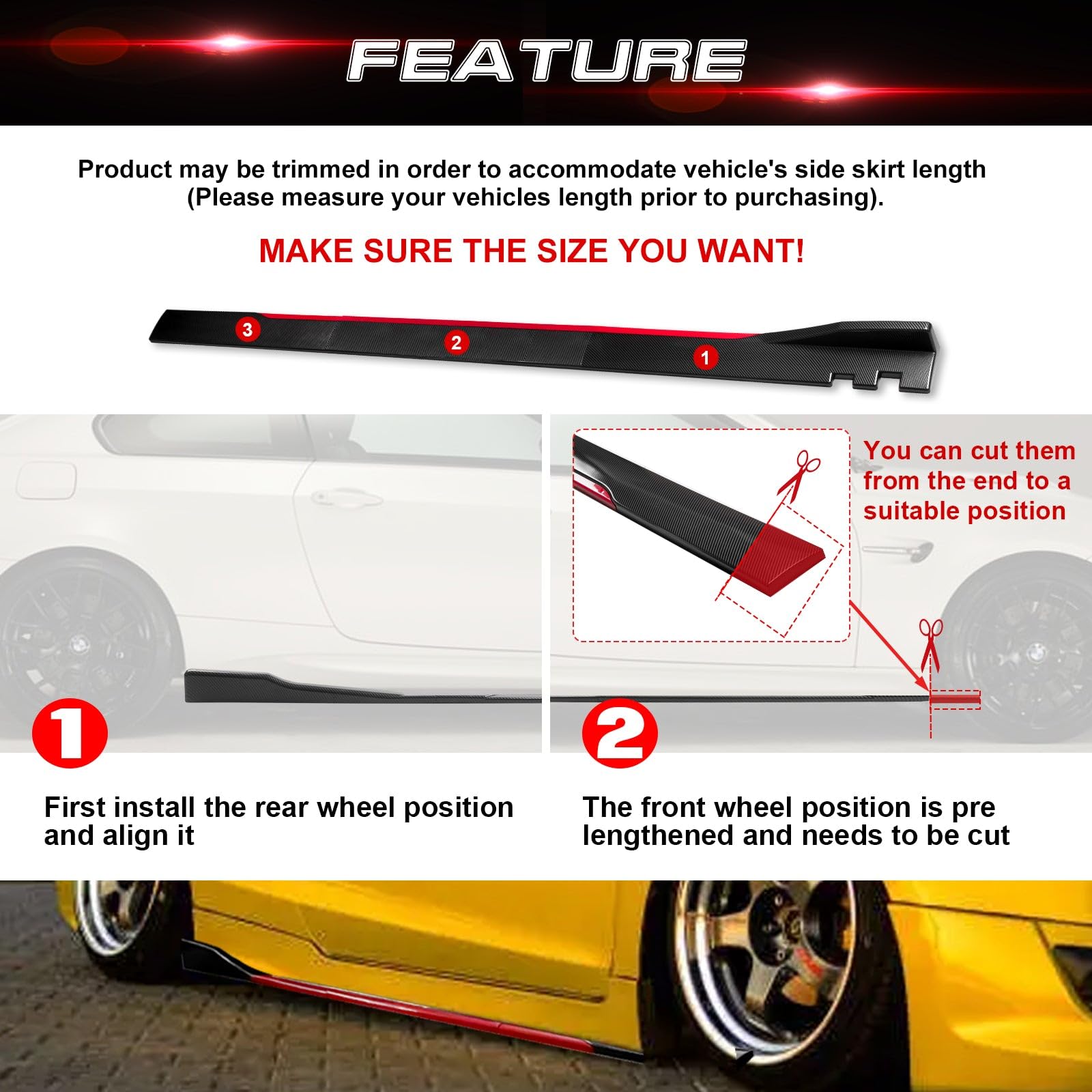 Universal Fit Car Side Skirts - Rocker Panel Protector with Splitter Winglets & Diffuser Bottom Line Extension Body Kit | Durable Automotive Styling Upgrade for Sedans, Coupes & Sports Cars | Street Racing & Show Car Enhancement