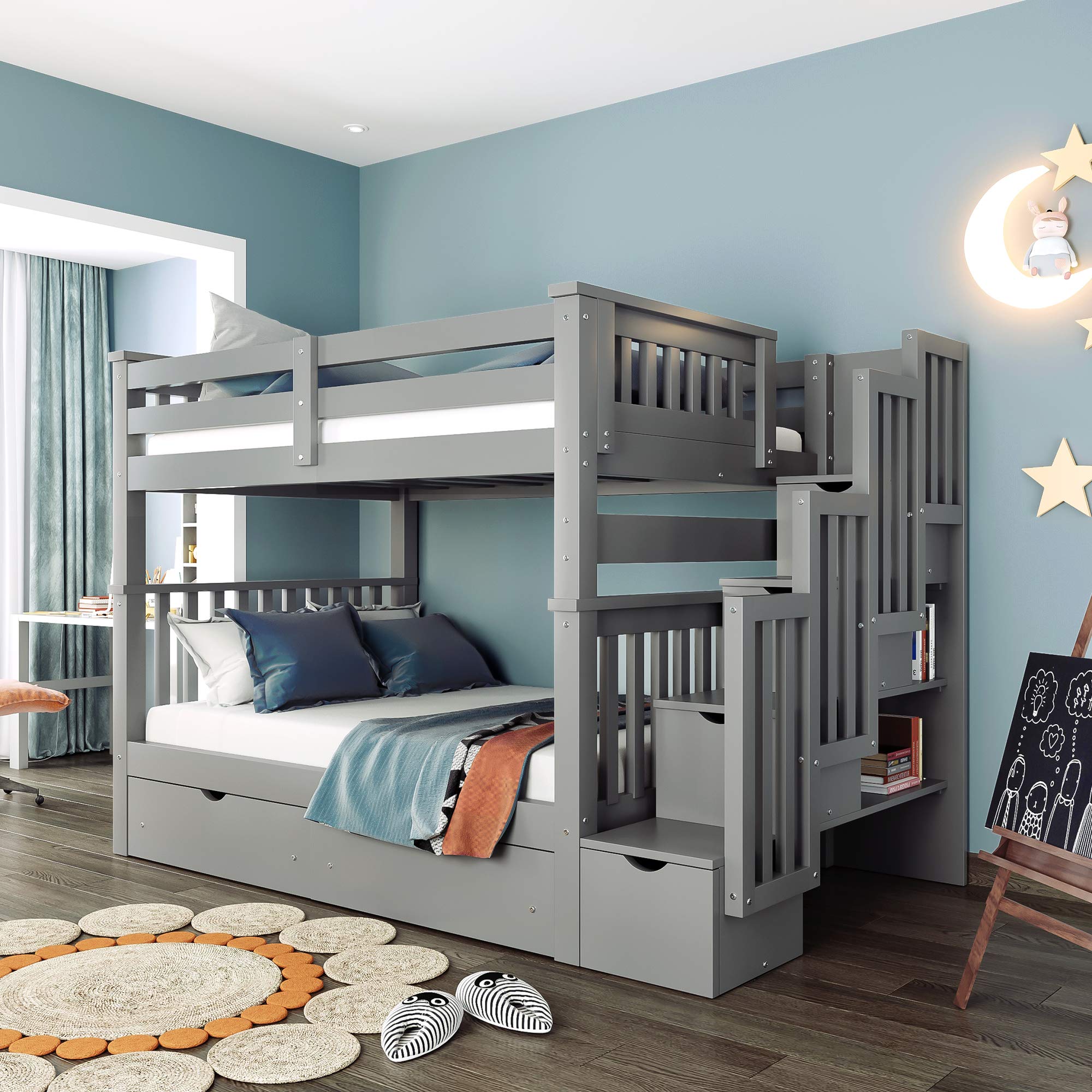 Harper & Bright Designs Full Over Full Bunk Bed with Shelves & 6 Drawers - Convertible Wood Bunk Bed Frame into 2 Separate Twin Beds (Grey) - Space-Saving Kids Bedroom Furniture for Small Rooms & Shared Spaces