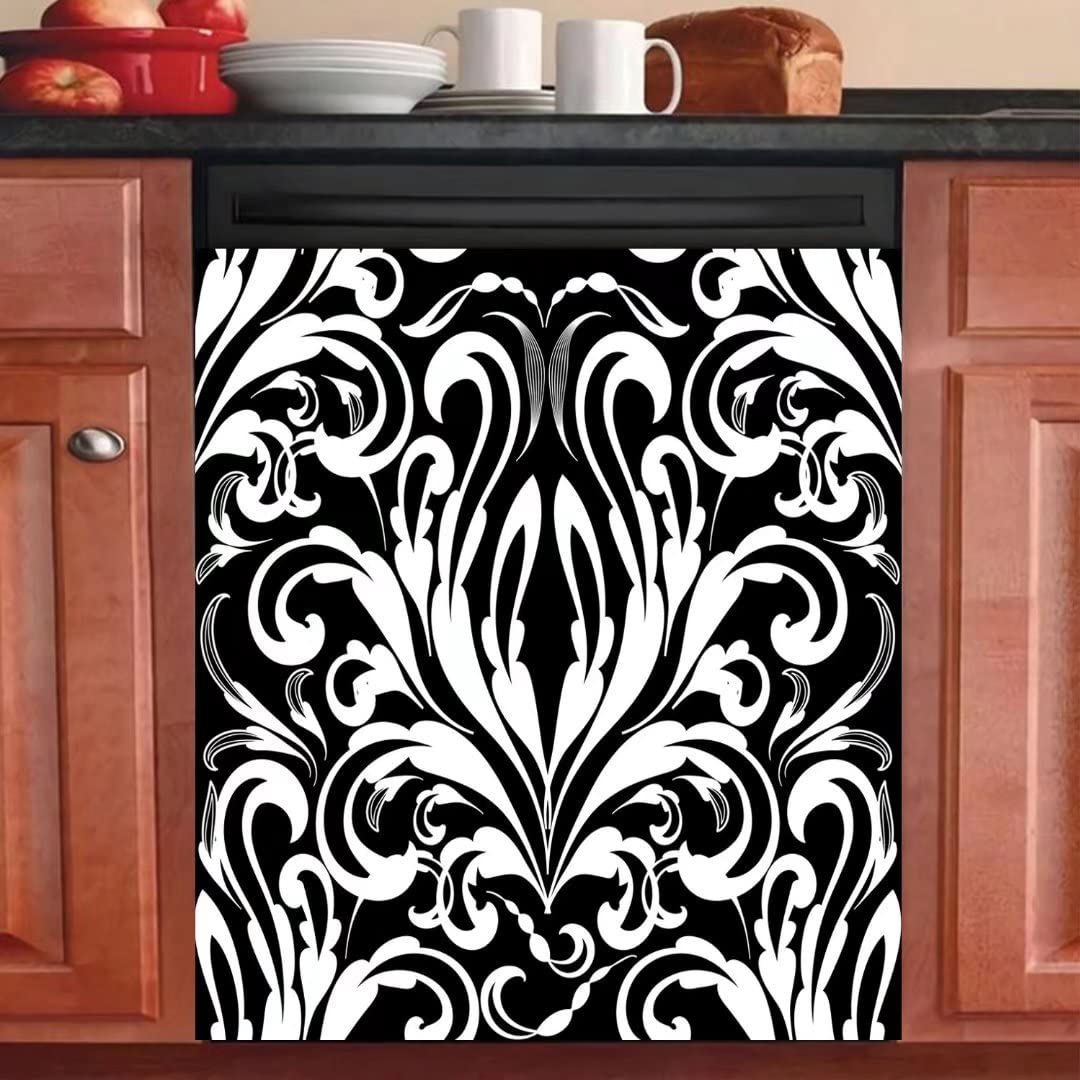 Black & White Flower Fridge Magnet Cover - Dishwasher Safe Refrigerator Decal Sticker for Kitchen Home Decor - Elk Art Vinyl Panel for Refrigerator, Washer & Appliance Front Door (Perfect for Farmhouse & Cabin Style Kitchens)