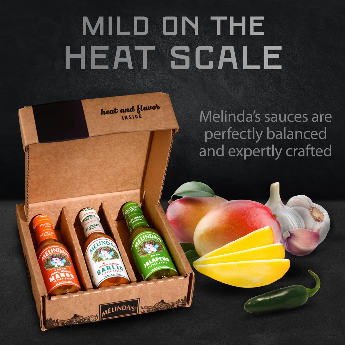 Melinda’s Mild & Wild Gourmet Hot Sauce Variety Pack - 3 Bottles (5oz Each) with Jalapeño, Mango & Garlic Habanero Flavors | Mild Heat Premium Hot Sauce Gift Set for Tacos, Wings & BBQ | Perfect for Home Cooking, Gifts & Spicy Food Lovers