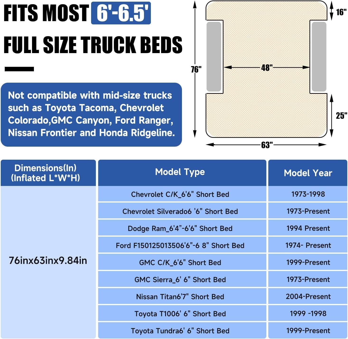 Umbrauto Truck Bed Air Mattress for 6-6.5ft Full Size Short Beds - Rechargeable Built-in Air Pump - Inflatable Pickup Truck Mattress for Camping & Road Trips