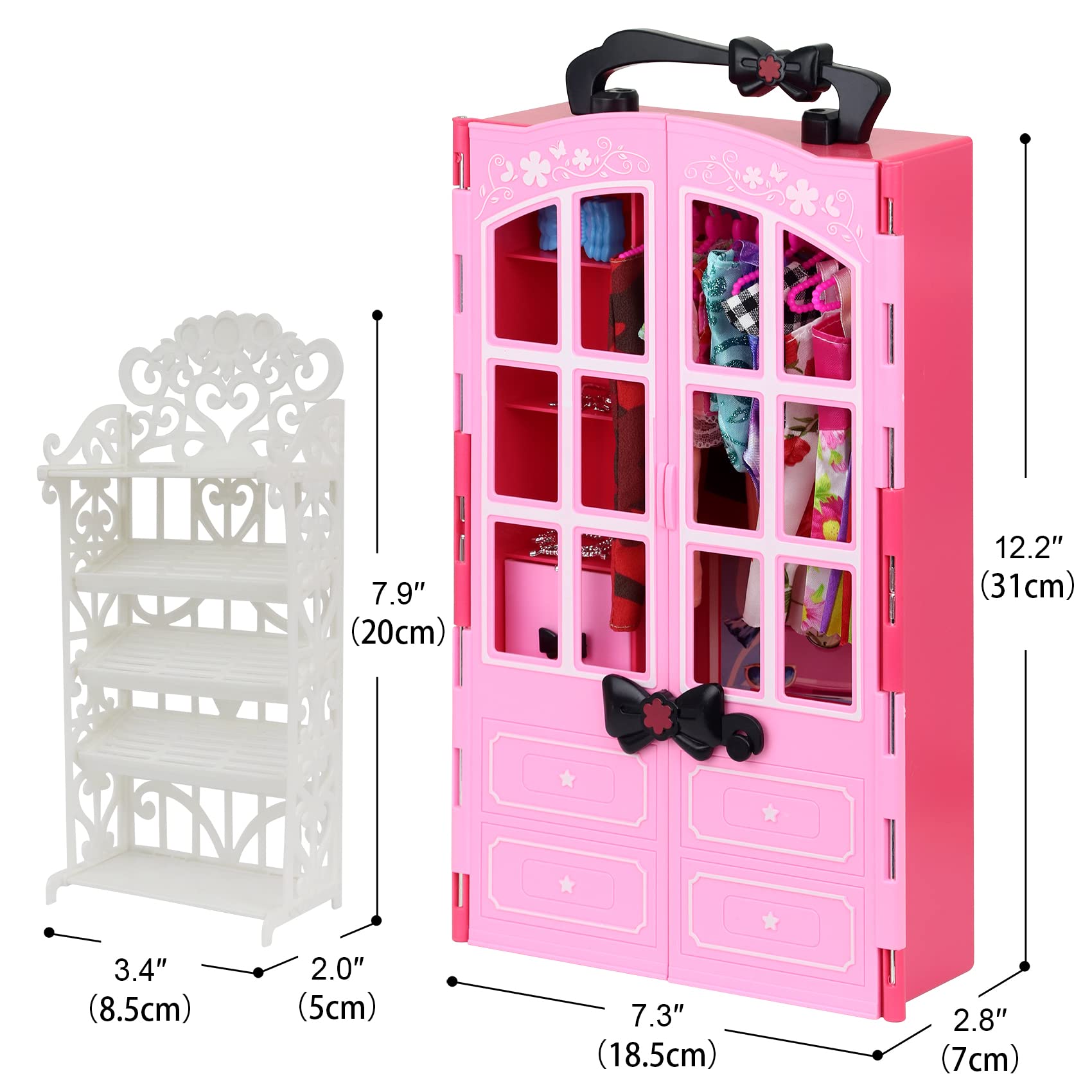Ecore Fun 120 Pcs Fashion Doll Wardrobe Set - Doll Clothes Storage Organizer with Dresses, Shoes, Bags, Necklace & Hangers for 11.5 Inch Girl Dolls - Perfect for Pretend Play, Birthday Gifts & Kids Room Decor