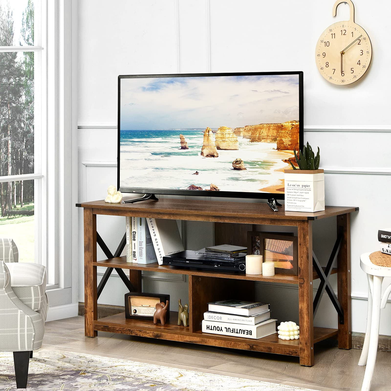 Tangkula 3-Tier Wooden TV Stand with Open Shelves & X-Shaped Frame - Farmhouse Style Entertainment Center for 55-Inch TVs - Sturdy TV Console Table for Living Room, Bedroom & Home Theater (Brown)