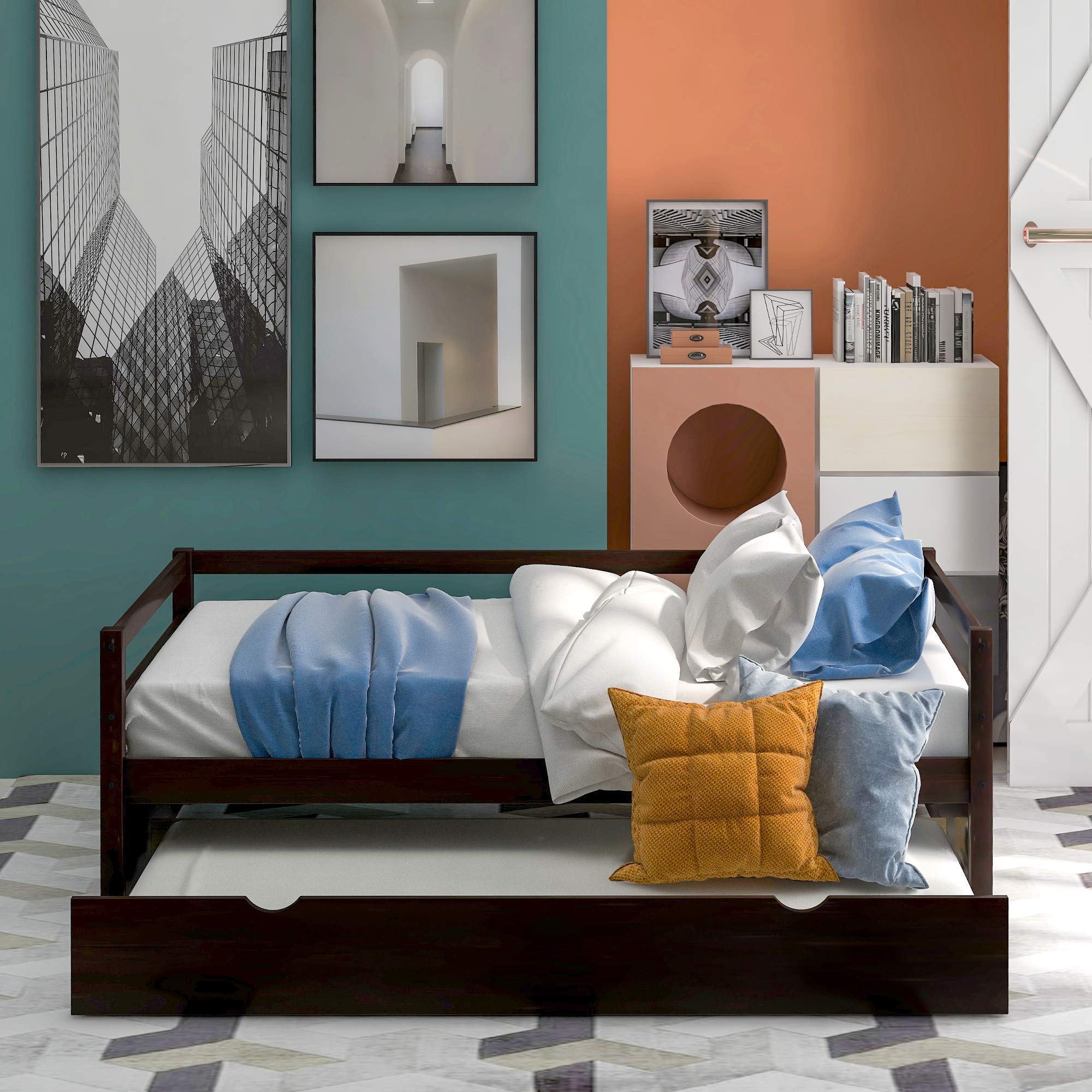 Merax Twin Size Solid Wood Daybed with Trundle - Espresso Captains Bed & Sofa Bed Frame for Guest Room, Dorm, or Small Space Living