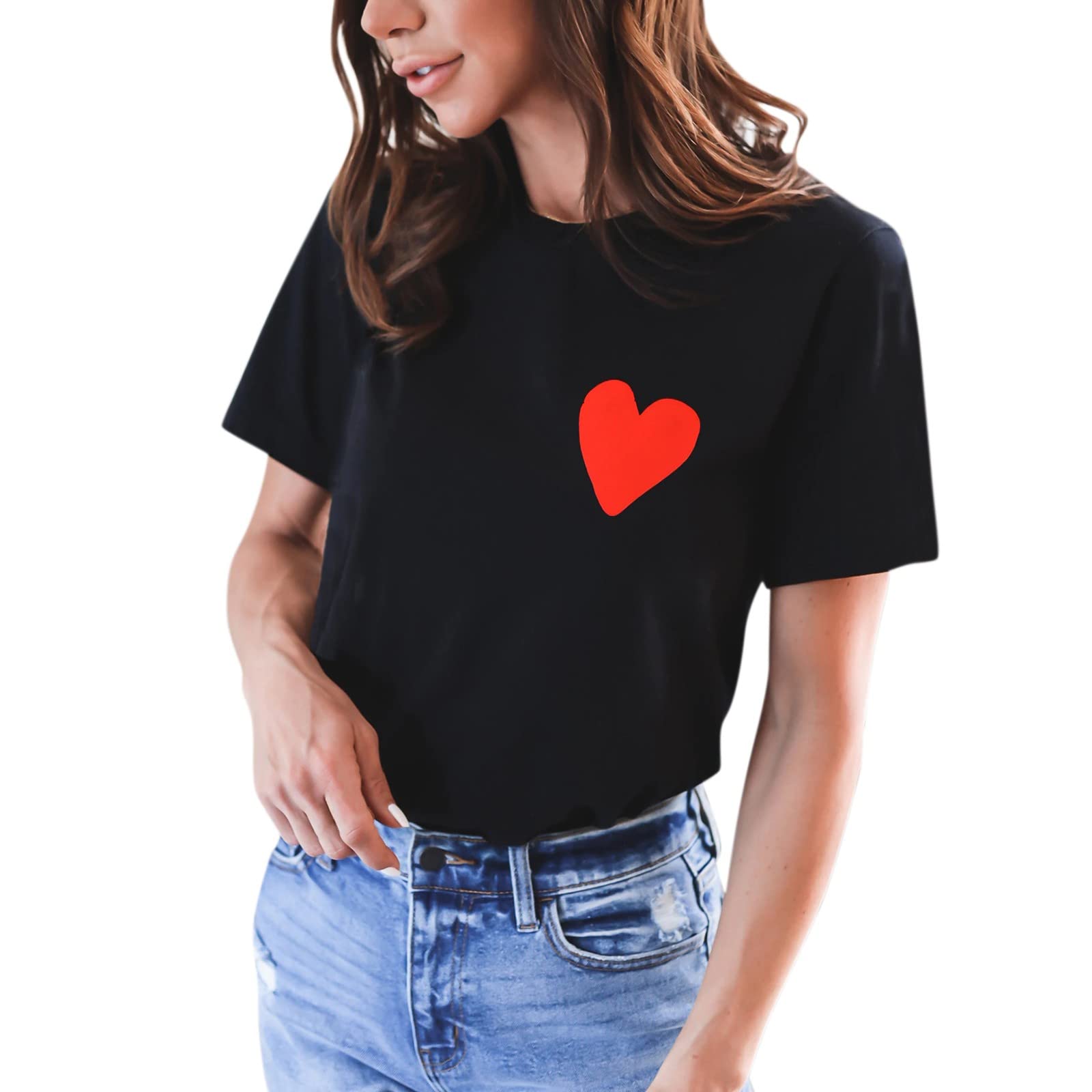 Women's Casual Short Sleeve Heart Print T-Shirt - Loose Fit Pullover Top for Everyday Wear | Perfect for Dating, Shopping & Weekend Outfits