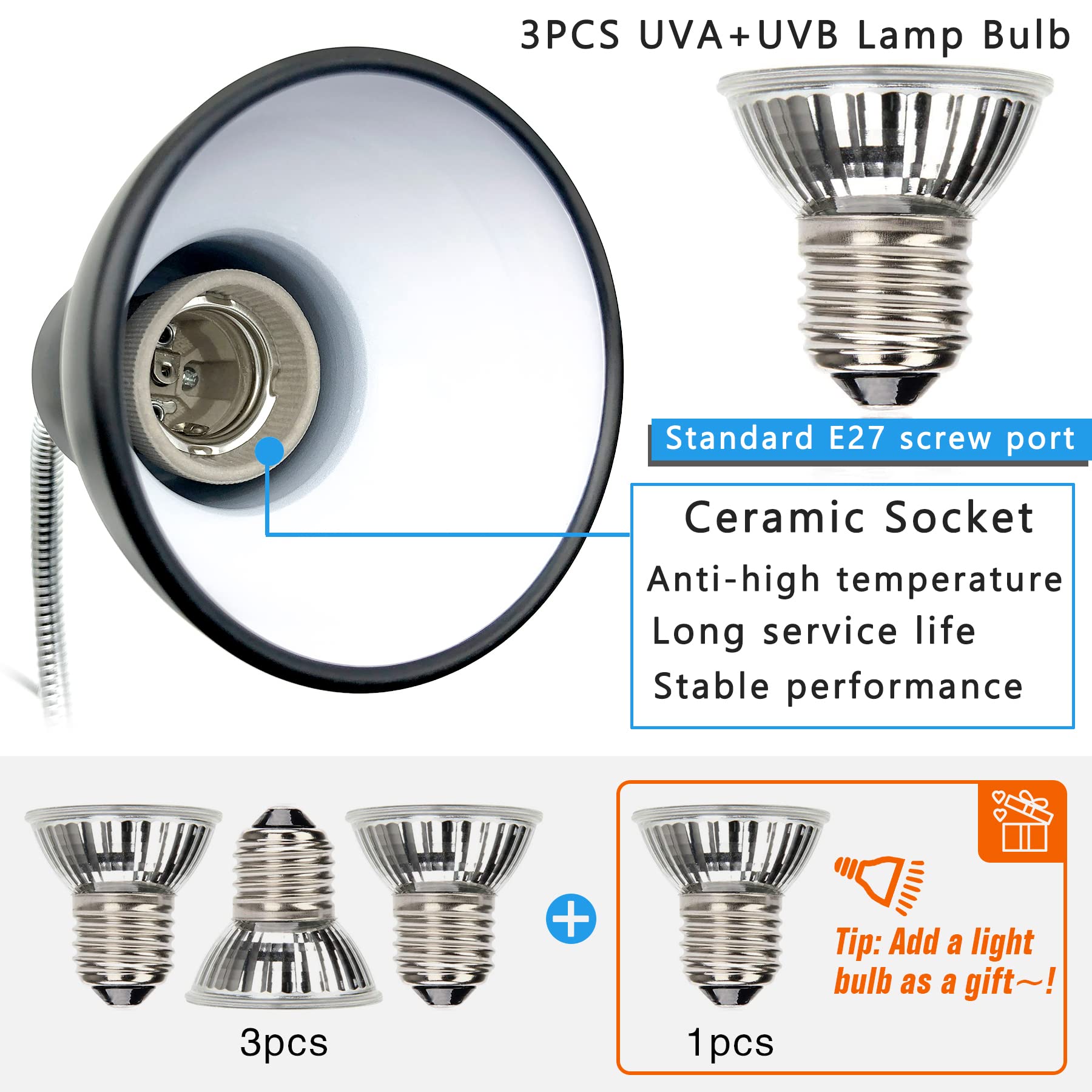 Reptile Heat Lamp with UVA UVB - Basking Spot Light for Turtles, Tortoises, Snakes & Lizards | 3 Heat Bulbs Included | Terrarium & Aquarium Heating Fixture with Switch Holder | Perfect for Day/Night Cycle & Habitat Temperature Control