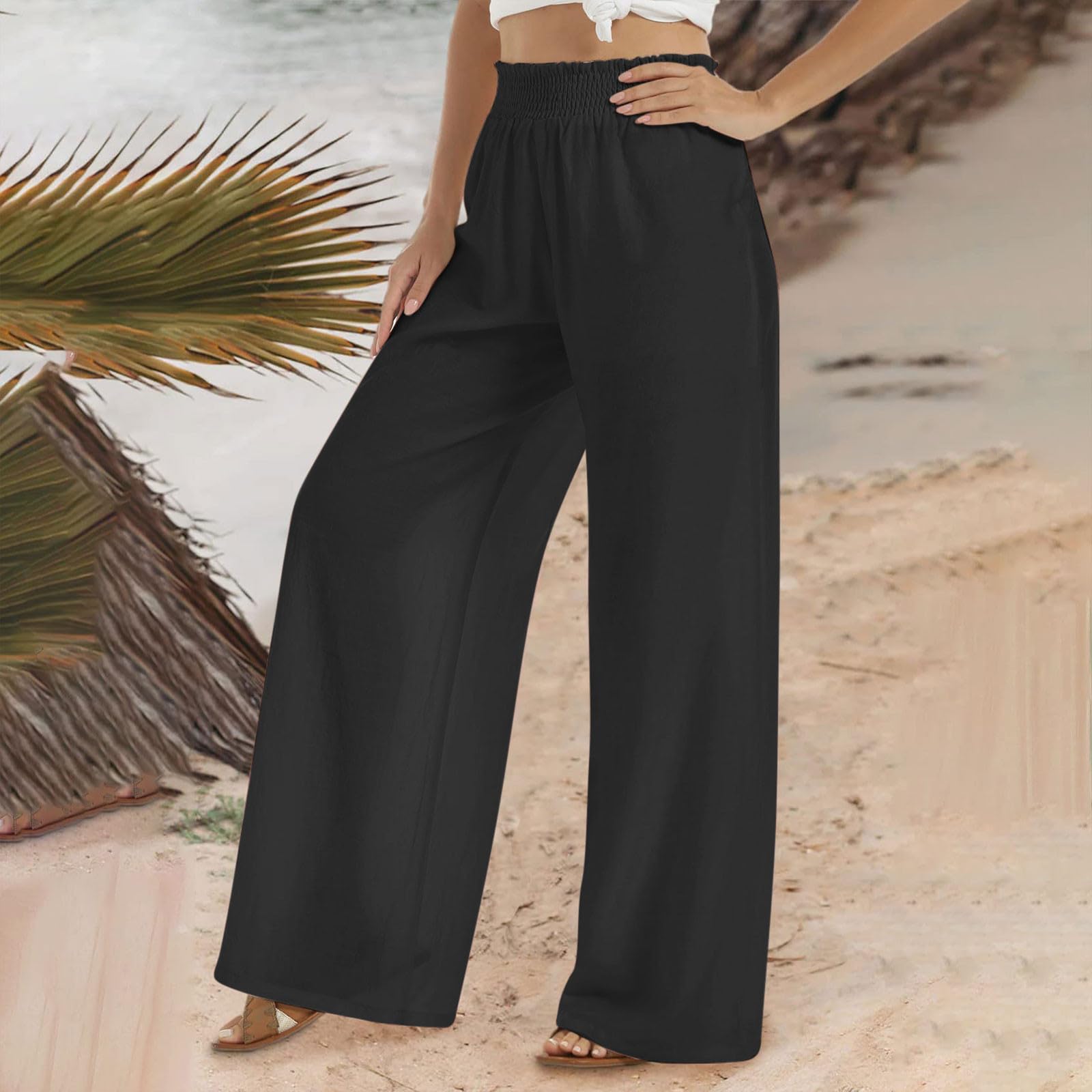 DOLKFU Women's High Waisted Casual Palazzo Pants - Elastic Drawstring Lightweight Cotton Linen Pants for Summer, Travel & Lounge Wear