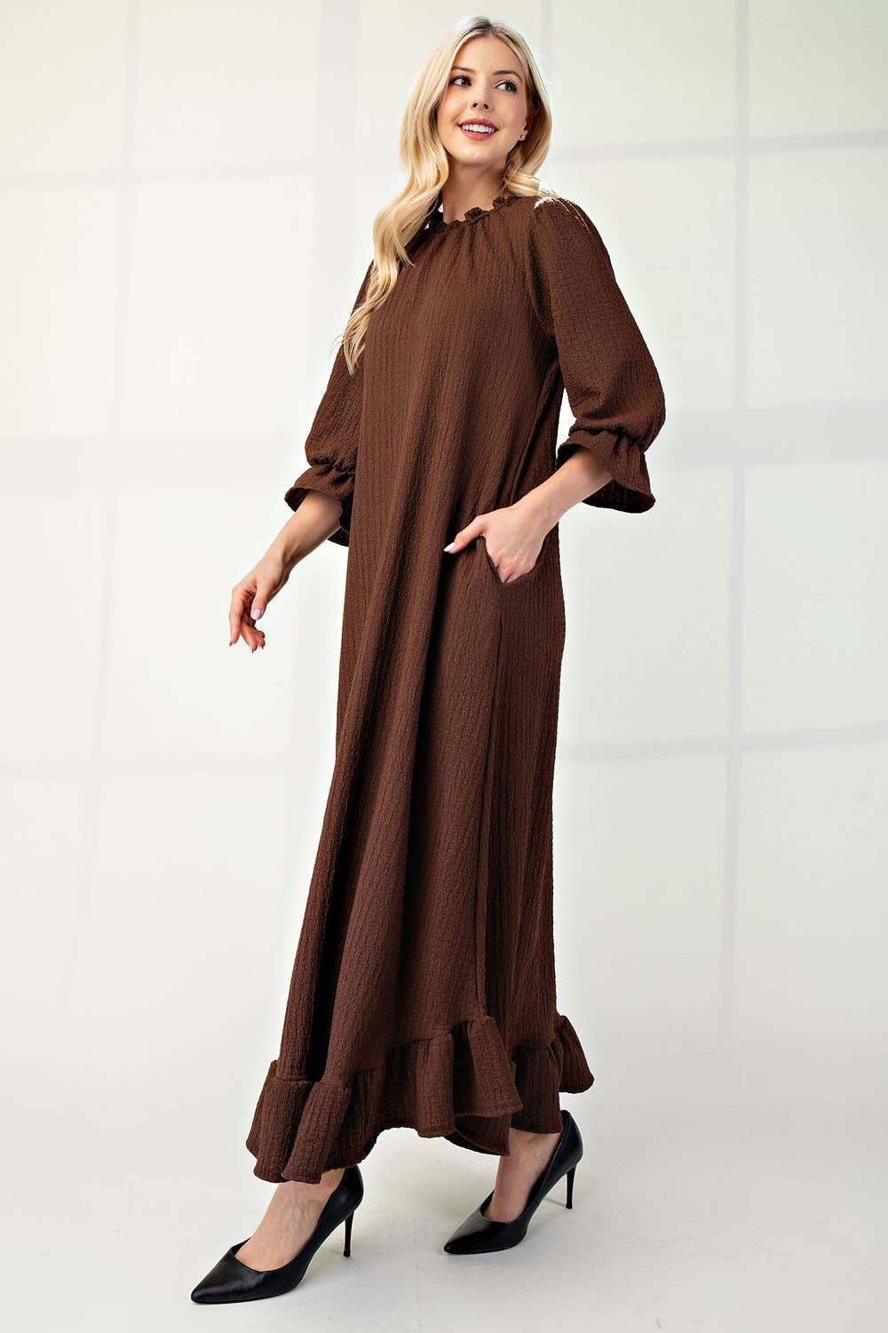Plus Size Maxi Dress with Puff Sleeves - Brown Flowy Long Dress for Women 1XL | Casual Summer Dress for Beach, Party & Everyday Wear