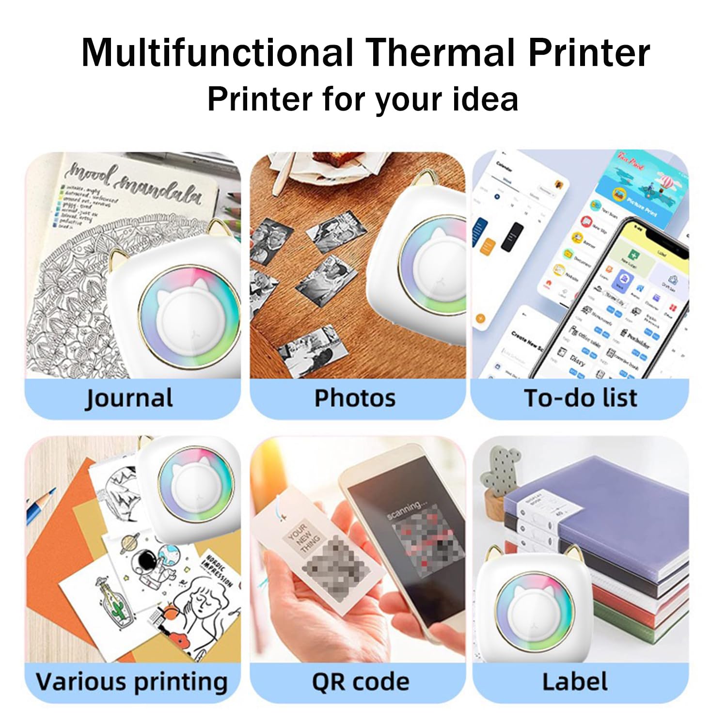 Supfoto Mini Thermal Label Printer with LED Light - Portable Sticker Maker for iOS & Android - Print Study Notes, Photos & DIY Stickers - Perfect for Christmas Gifts, Birthday Presents & School Projects (White)