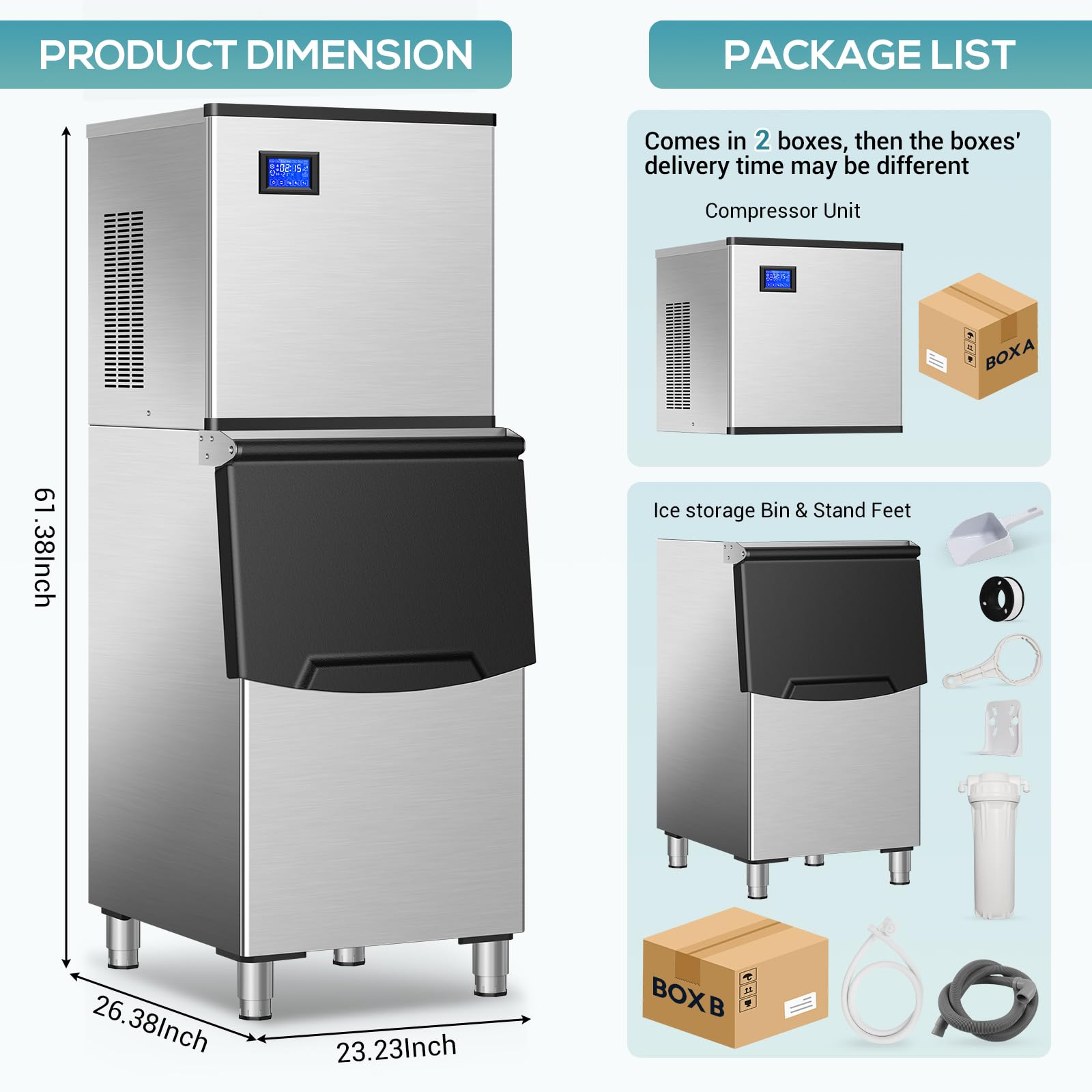 Commercial Ice Maker Machine 460Lbs/24H, Stainless Steel Industrial Ice Machine with 350Lbs Storage Bin - Produces 156 Clear Ice Cubes in 11 Minutes - Freestanding Ice Maker for Restaurants, Bars, Hotels, Cafes & Large Home Use