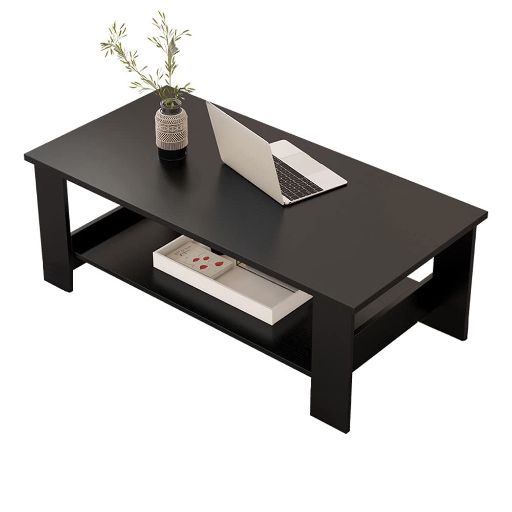 Modern Minimalist Rectangle Wood Coffee Table with Storage Shelf - Black Simple Living Room Furniture for Small Spaces | Sturdy & Stylish Home Decor for Apartments, Dorms, and Cozy Spaces