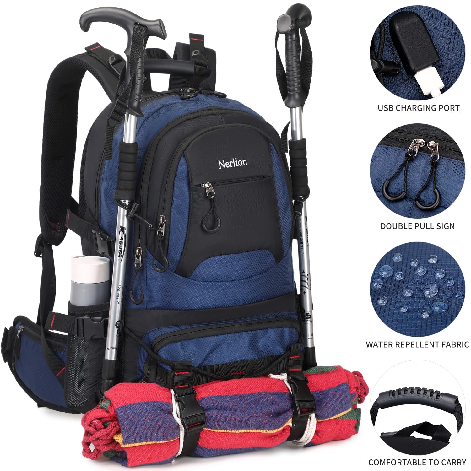 Nerlion 40L Lightweight Waterproof Hiking Backpack for Men & Women - Durable Outdoor Travel Backpack for Camping, Trekking & Day Trips (Blue) | Perfect for Hiking, Travel & Daily Commute