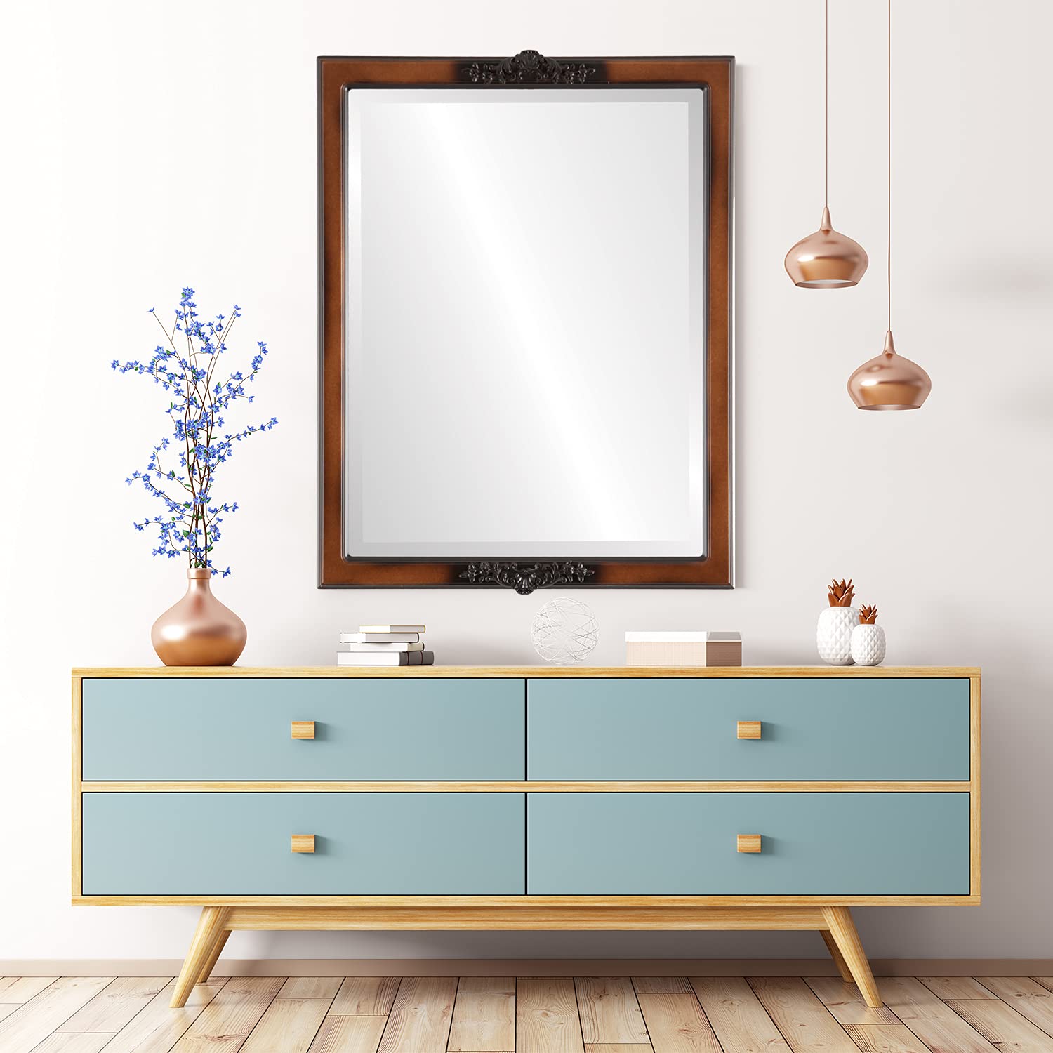 Ovalcrest 22x26 Inch Rectangle Beveled Wall Mirror - Walnut Frame - Athena Style Home Decor Mirror for Living Room, Bedroom & Entryway