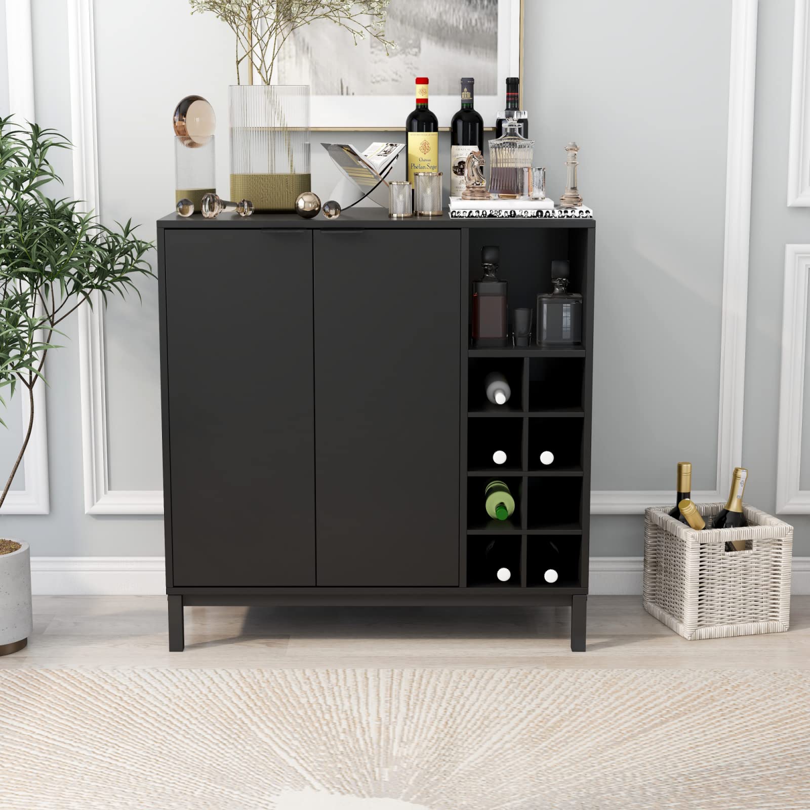 34 Inch Wooden Buffet Cabinet with Storage - Sideboard, Coffee Bar & Liquor Cabinet with 2 Doors, Adjustable Shelves & Removable Wine Rack - Perfect for Kitchen Storage, Dining Room Organization & Home Bar Setup (Black)