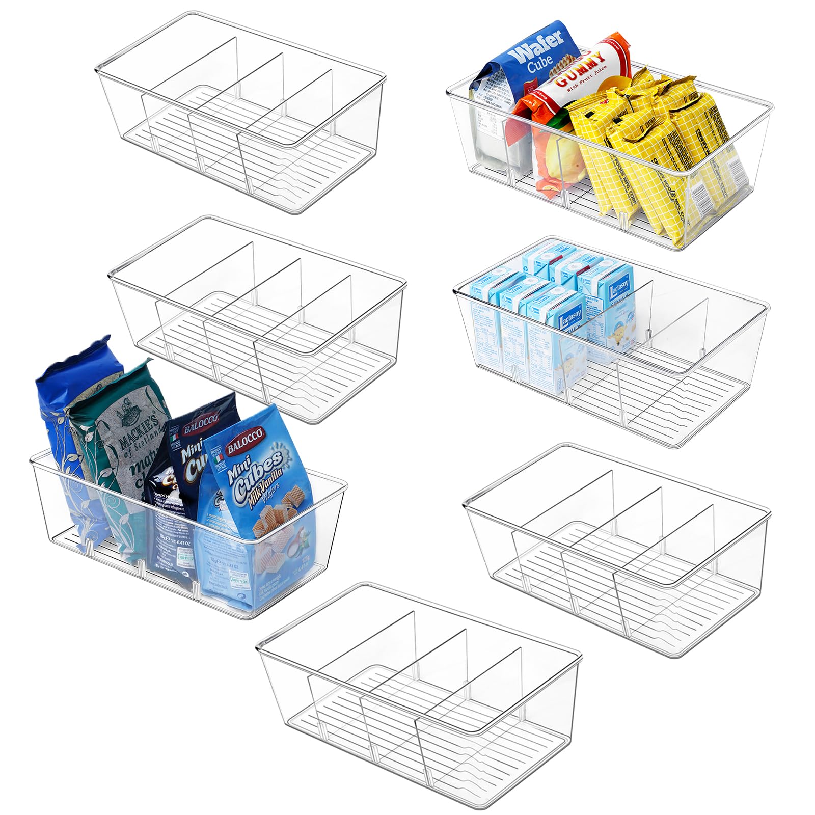 7 Pack Clear Pantry Organizer Bins with Removable Dividers - Stackable Kitchen Storage Containers for Snacks, Spices & Pouches - Perfect for Fridge, Cabinet & Pantry Organization (Space Saving Solution)