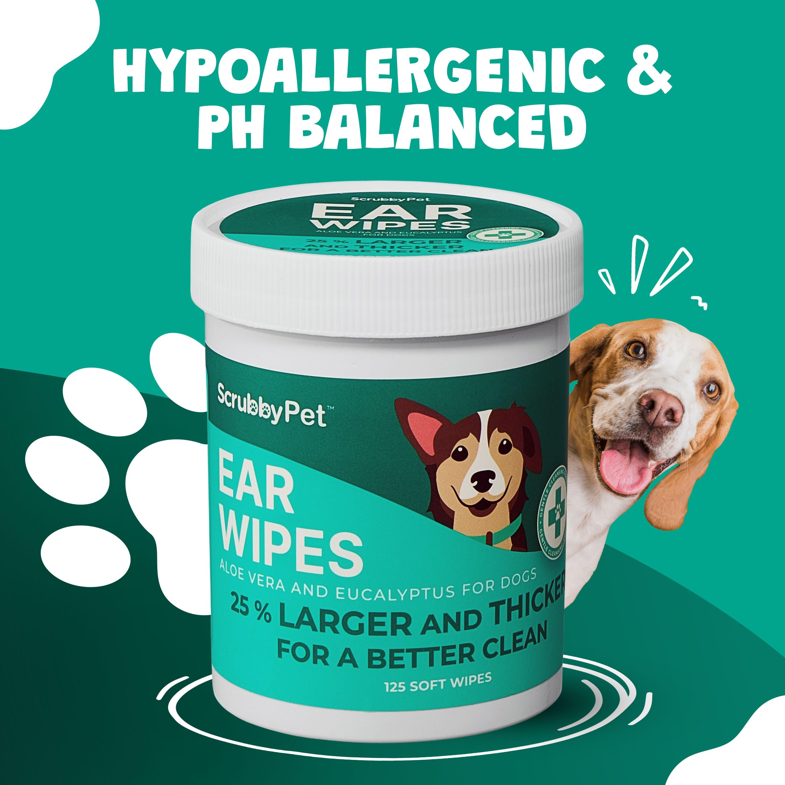 Extra Thick Dog Ear Wipes with Aloe Vera & Eucalyptus - 125 Count Hypoallergenic Ear Cleaner for Dogs | Pearl Texture for Deep Cleaning | Gentle Pet Ear Care for Itchy Ears & Wax Removal | Perfect for Regular Grooming & After Bath Care