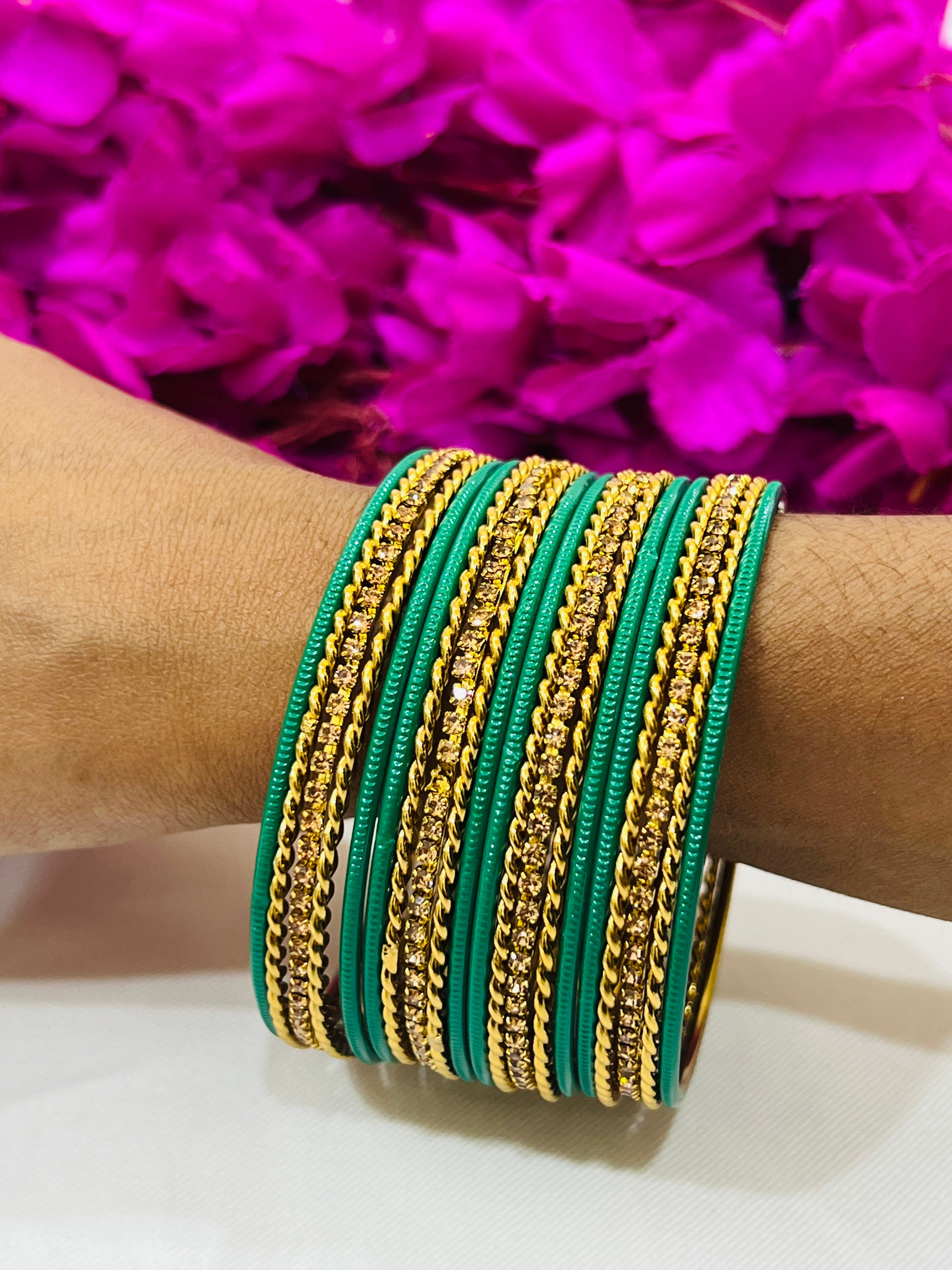 Elegant Light Green Metal Bangles with Sparkling Stones for Women - Perfect for Parties, Weddings & Everyday Fashion Accessories