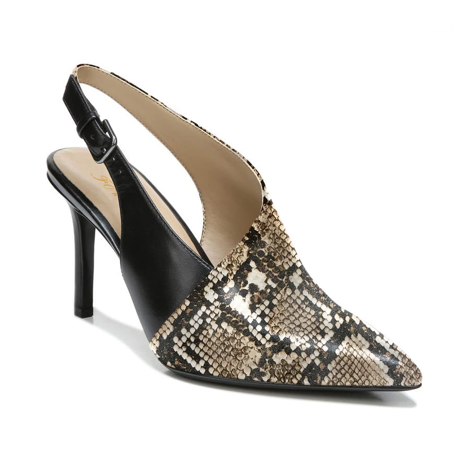 FOWT Women's Spring Leather Two-Tone Patchwork Snakeskin Slingback Pumps - Pointed Toe 3 Inch Heels with Buckle Strap (Black, US Size 4-16 M) | Elegant Dress Shoes for Office, Party & Daily Wear