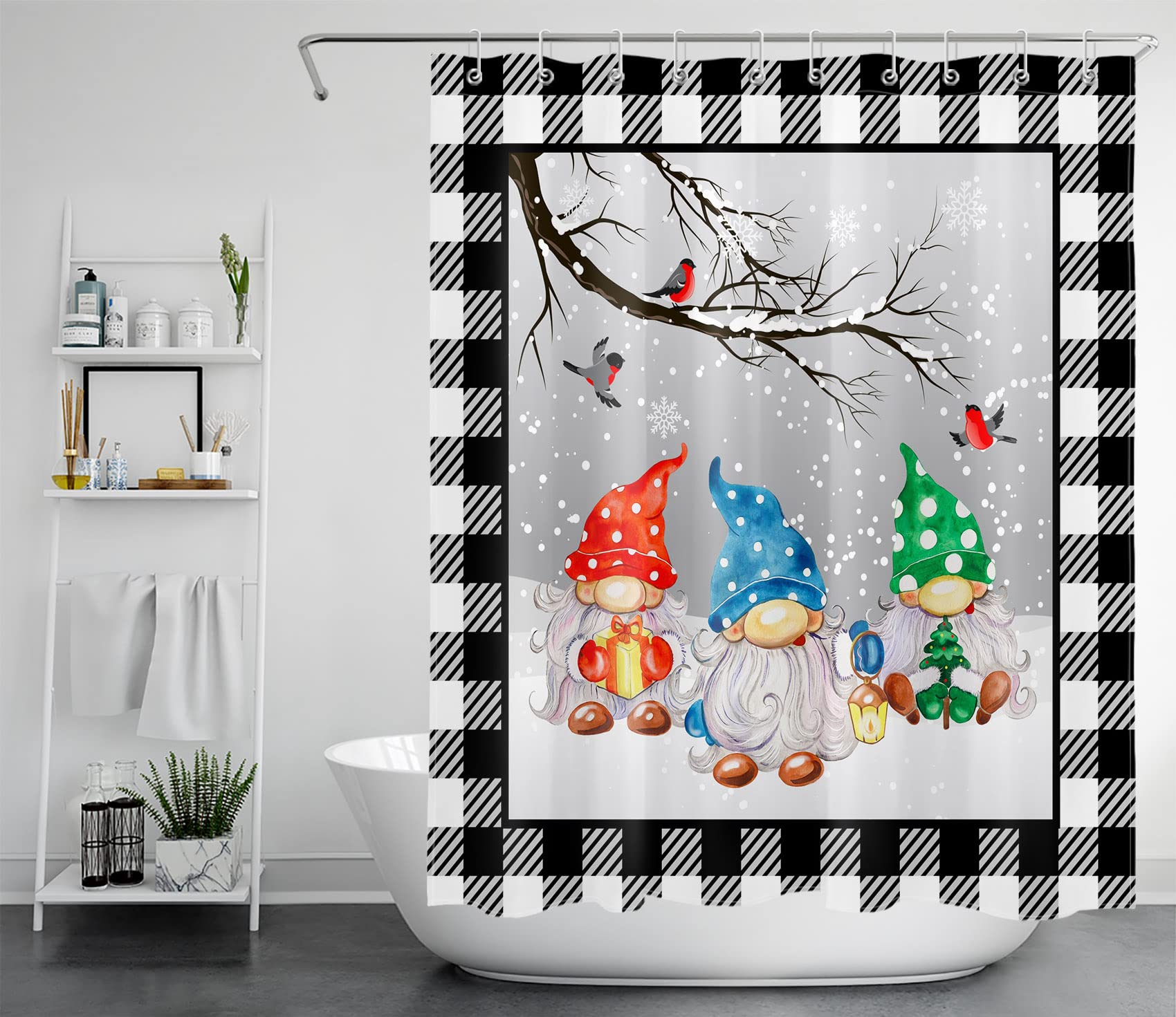 HVEST Winter Shower Curtain - Waterproof Polyester Bathroom Decor with Gnome & Cardinal Snow Design, Black & White Checkered Pattern (60x72 Inches) - Perfect for Holiday Bathroom Decor & Cozy Winter Home Styling