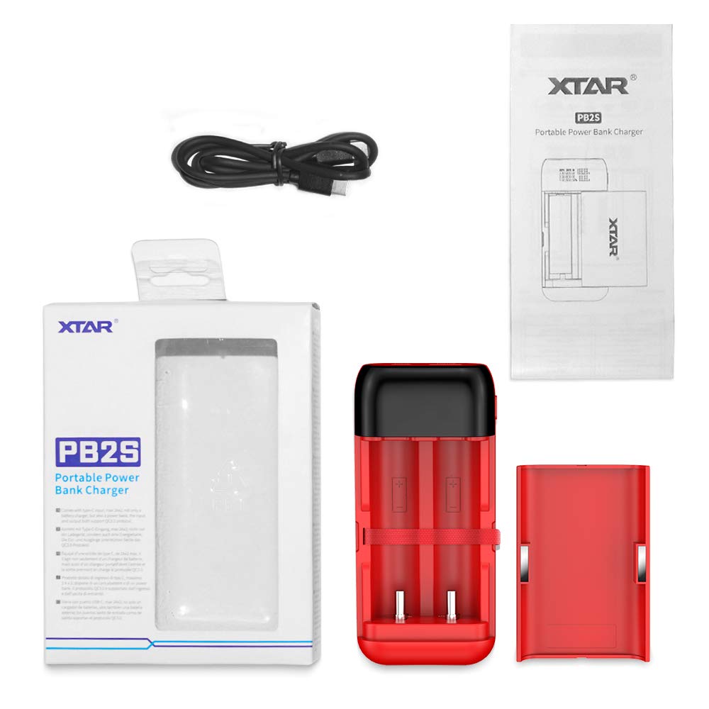 XTAR PB2S USB-C 18650 Battery Charger with USB Output - Portable Li-ion Charger for 18650/21700 Batteries (Red, Batteries Not Included) - Perfect for Vaping, Flashlights & Outdoor Gear Charging