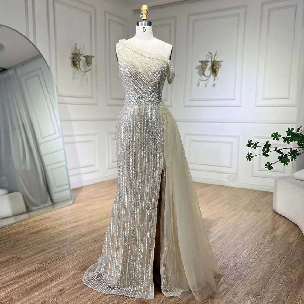 Serene Hill Yellow One Shoulder Black High Slit Mermaid Beaded Evening Dress for Women - Elegant Wedding Party Gown 2025 LA72424 | Perfect for Prom, Cocktail Party & Formal Events