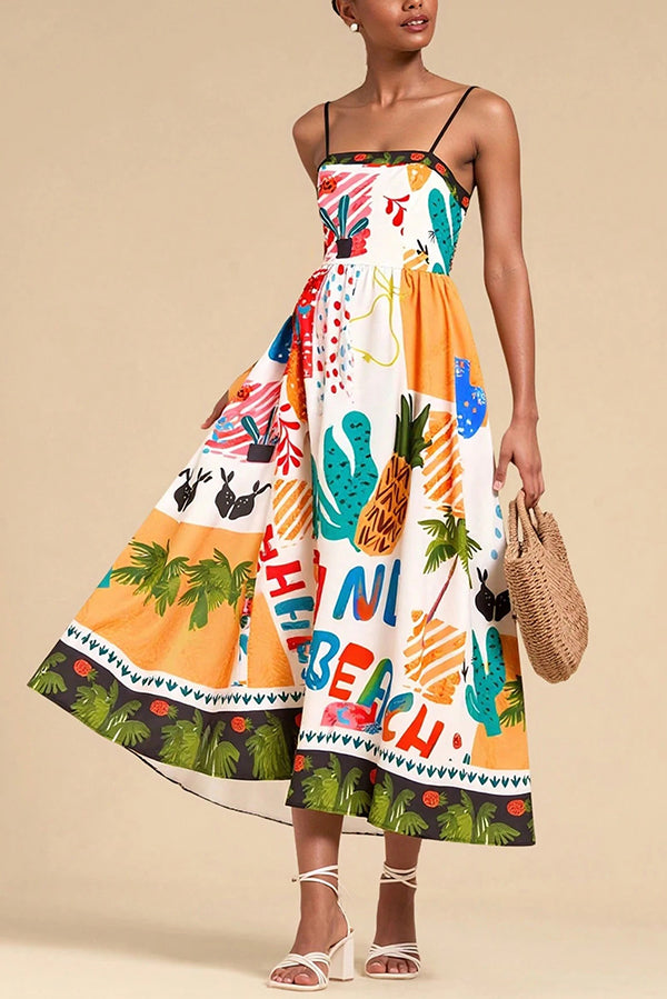 Stylish Printed Sling Back Pleated Midi Dress for Women | Summer Vacation & Holiday Party Outfit | Perfect for Beach Getaways, Cocktail Events & Special Occasions