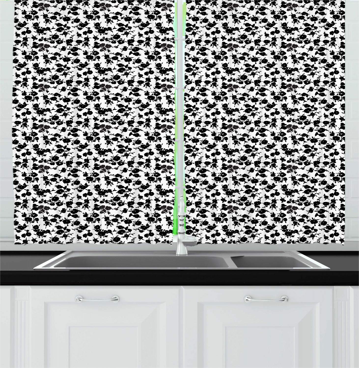 Ambesonne Floral Kitchen Curtains Set of 2 Panels - Monochrome Flower Design on Plain Background, 55