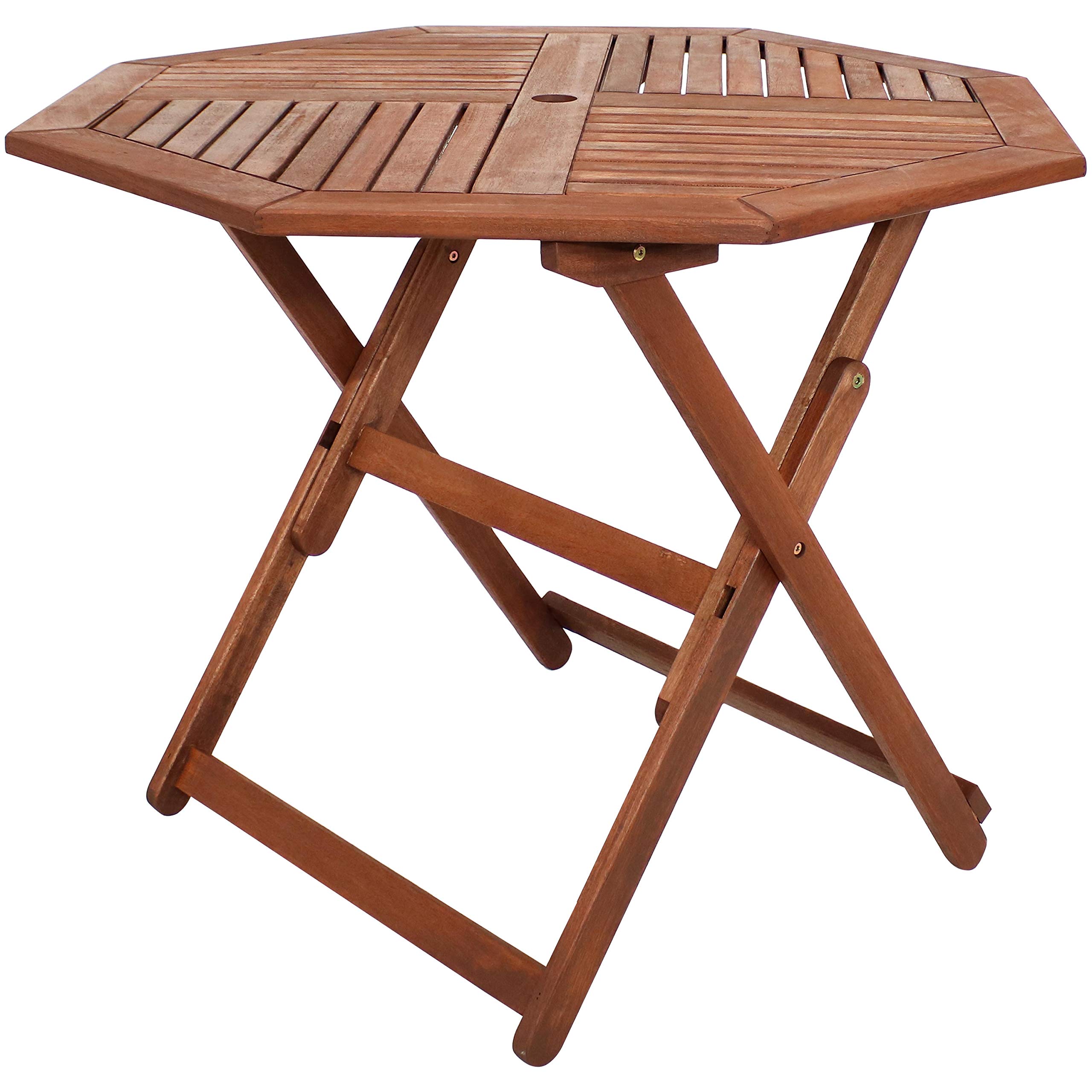 Sunnydaze Meranti Wood Octagon Outdoor Folding Table - 35.5 Inch Teak Oil Finish Patio Dining Table - Perfect for Backyard BBQs, Poolside Gatherings & Garden Parties