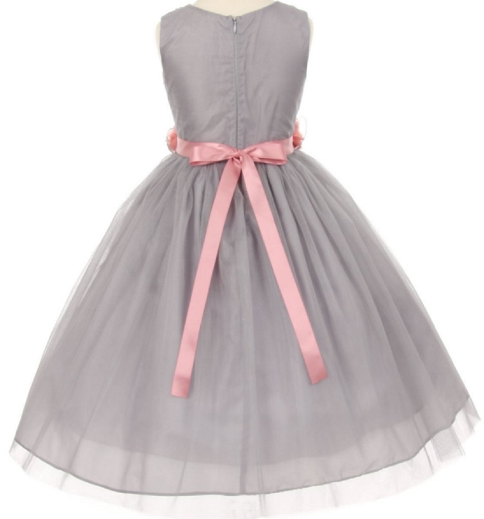 Little Girls Silver V-Neck Floral Sash Dress with Removable Flowers - Perfect for Birthday Parties, Pageants & Special Occasions