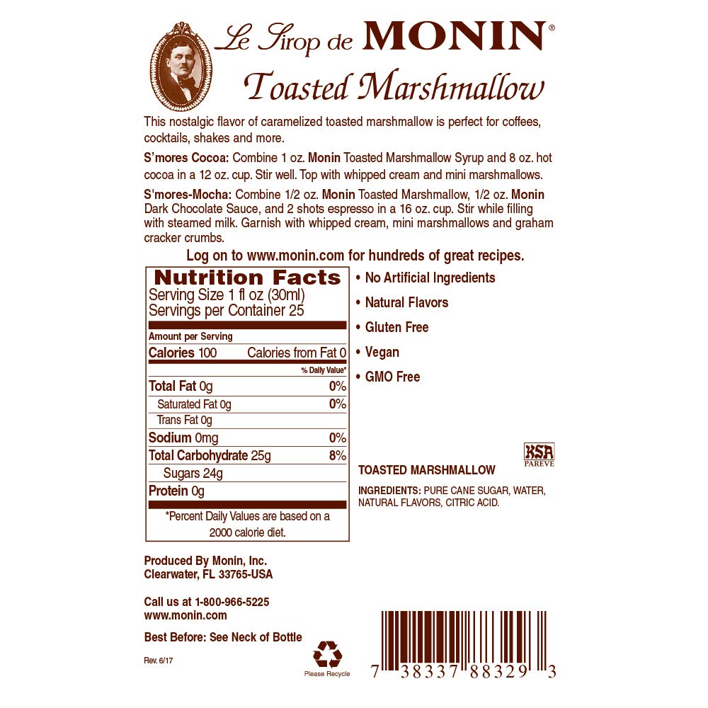 Monin Toasted Marshmallow Syrup 750ml - Natural Flavor, Non-GMO, Gluten-Free | Perfect for Coffee, Hot Chocolate, Milkshakes & Cocktails | Campfire-Inspired Dessert Syrup for Baking & Drink Mixing