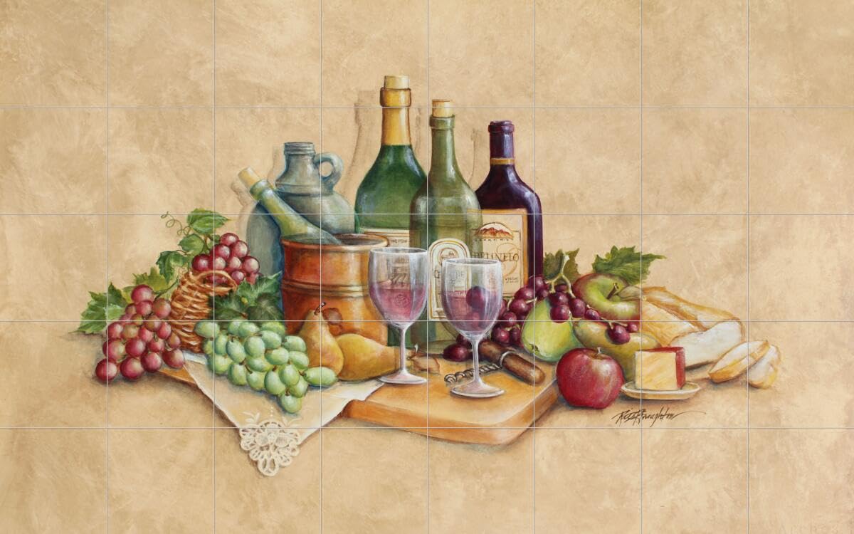 Wine Themed Ceramic Backsplash Tile Mural for Kitchen Decor - 'Wine Time' Design by Rita Broughton - Perfect for Vineyard Style Kitchens, Wine Cellars & Entertaining Spaces