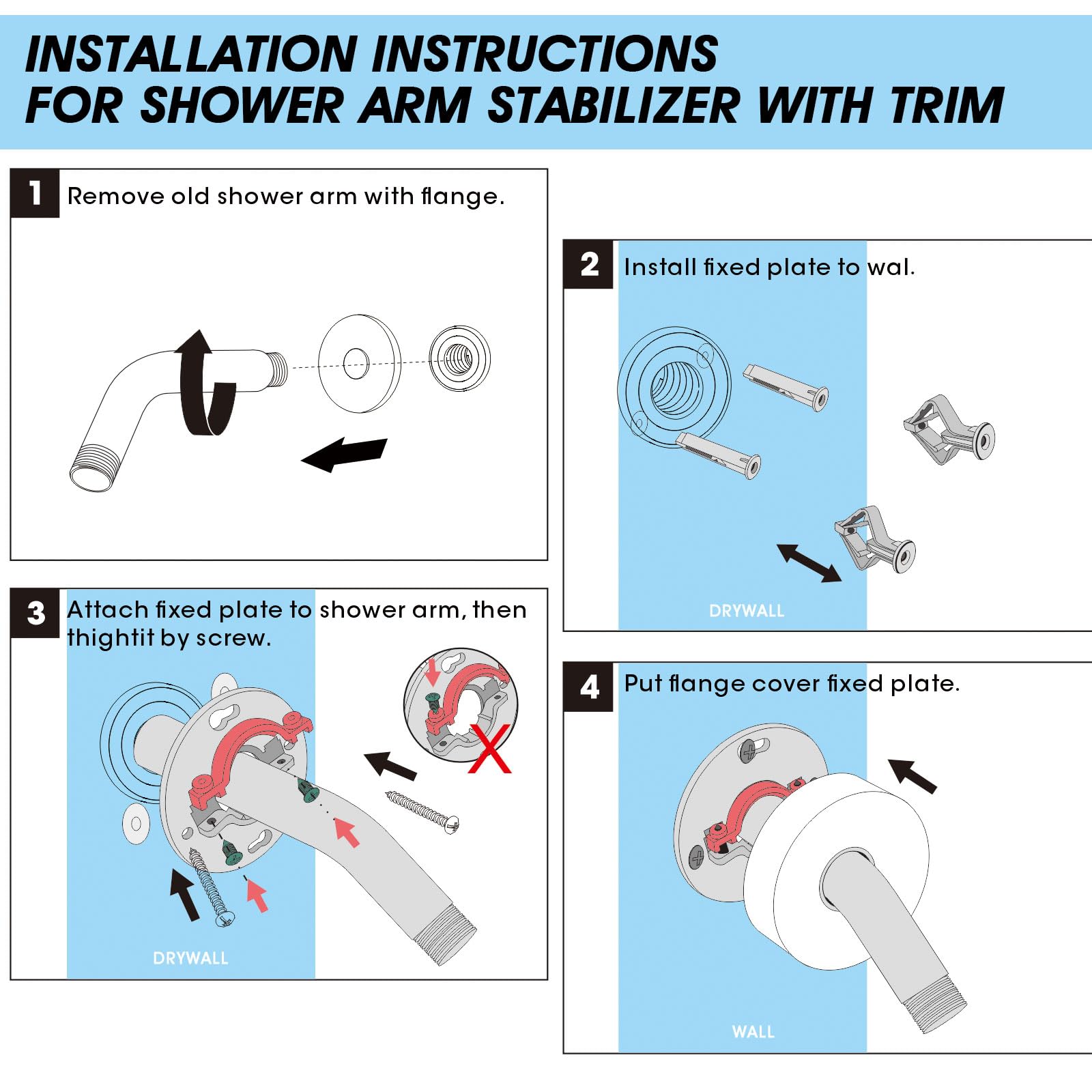 Chrome Shower Arm Flange & Stabilizer Bracket Set with Cover Plate - Secure Shower Pipe Installation for Bathroom & Home Renovation