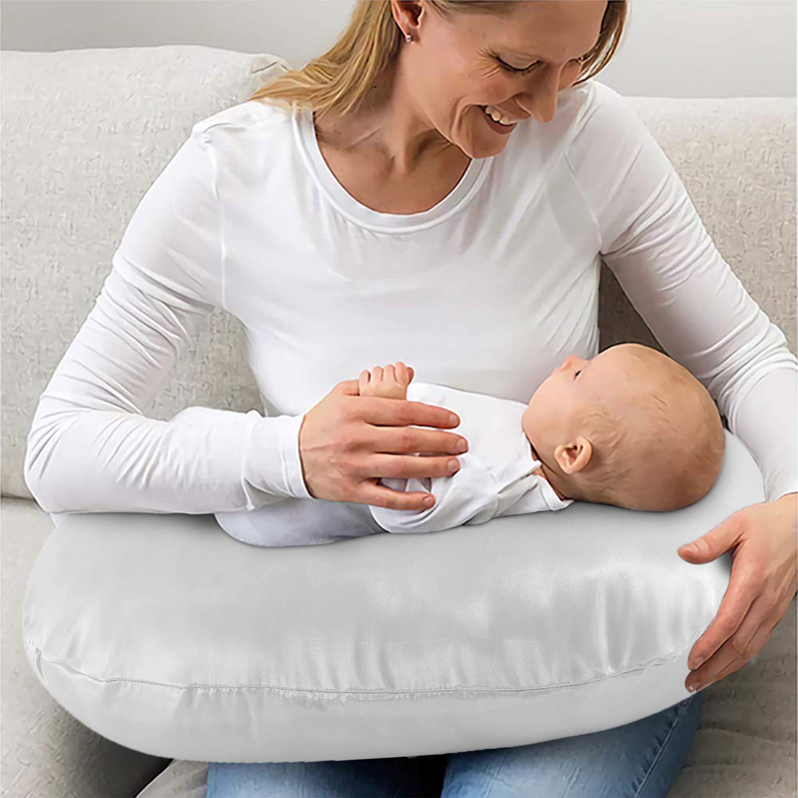 Premium Satin Nursing Pillow Cover 2-Pack - Soft Silk-Like Feeding Pillow Slipcovers for Breastfeeding Moms - Fits Standard Baby Nursing Pillows (Gray & White) - Perfect for Comfortable Nursing at Home or On-The-Go