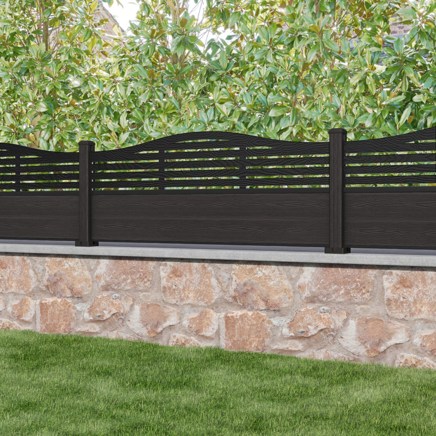 Classic Aspen Curved Top Fence Panel - Dark Oak Composite Wood Privacy Fencing with Durable Posts | Outdoor Garden Yard Decoration & Backyard Boundary Solution