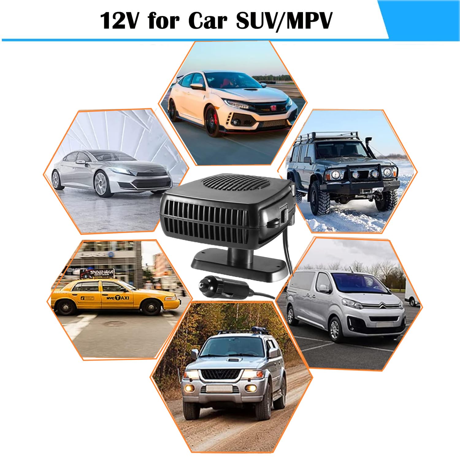 12V 200W Portable Car Heater & Defroster - Dual Mode Windshield Defogger with 360° Rotation & Cigarette Lighter Plug (Black) | Fast Heating for Winter Driving & Emergency Car Warmth