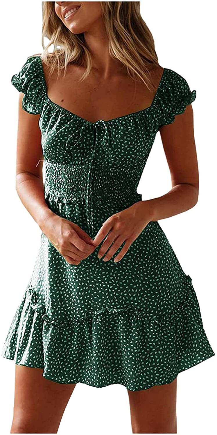 FMCHICO Women's Vintage Floral Print Off Shoulder High Waist Mini Dress - Summer Beach Party, Vacation, Boho Chic Outfit