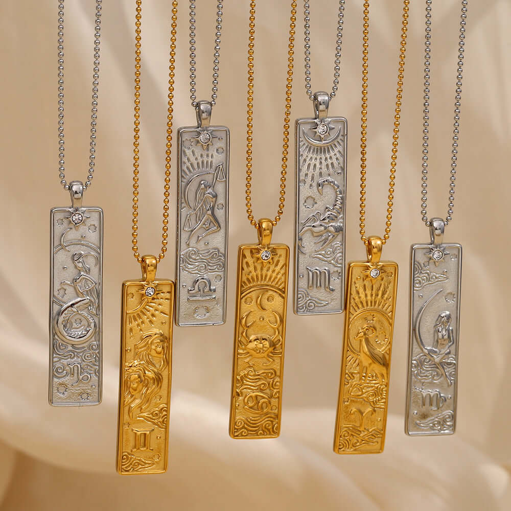 Zodiac Sign Pendant Necklace for Women - 14K Gold Plated Rectangular Charm Necklace | Perfect for Birthday Gifts, Anniversary & Daily Wear | JN3474